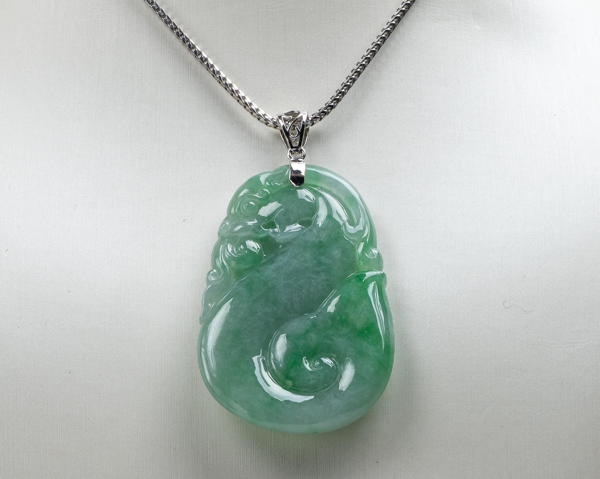 Rough Cut Green Jadeite Jade Young Dragon Pendant, Certified Untreated For Sale