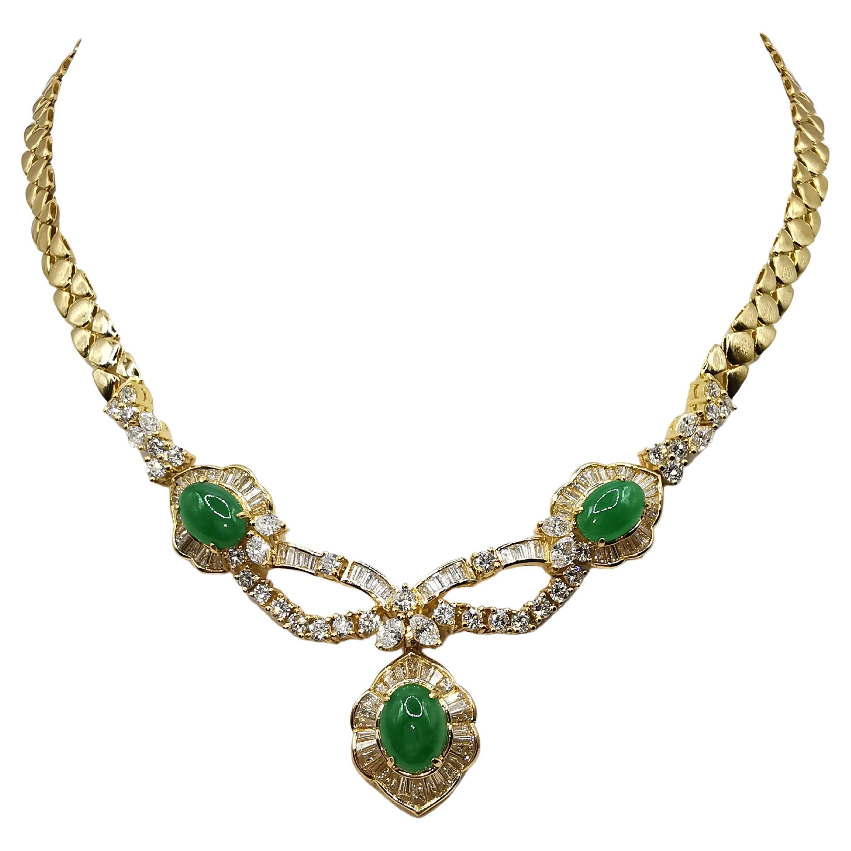 3 Green Jadeite Jade Cabochon & 4.21 Carat Diamond Yellow Gold Necklace For Sale