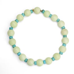 Green Jasper Bead Turquoise Necklace 16" Choker Diamond 18k Gold Clasp Jewelry