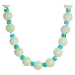 Green Jasper Bead Turquoise Necklace 16" Choker Diamond 18k Gold Clasp Jewelry