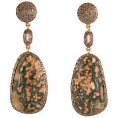 Green Jasper Quartz Chalcedony Diamond Dangle Earrings