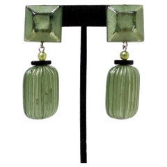 Green Jewel-Tone Beaded Costume Clip-On Dangle Earrings