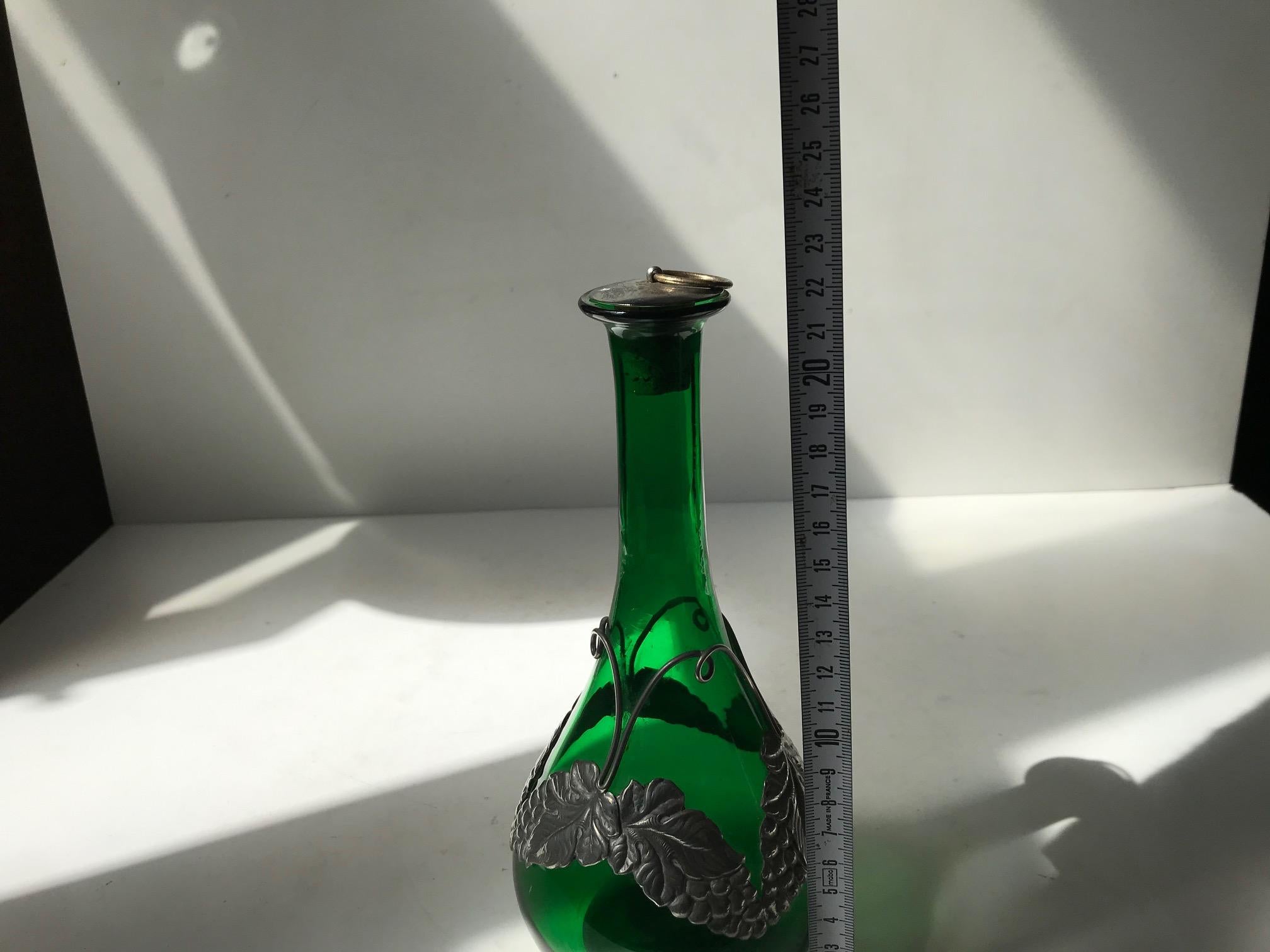 Blown Glass Green Jugendstil Decanter in Glass and Pewter from Holmegaard, 1920s For Sale