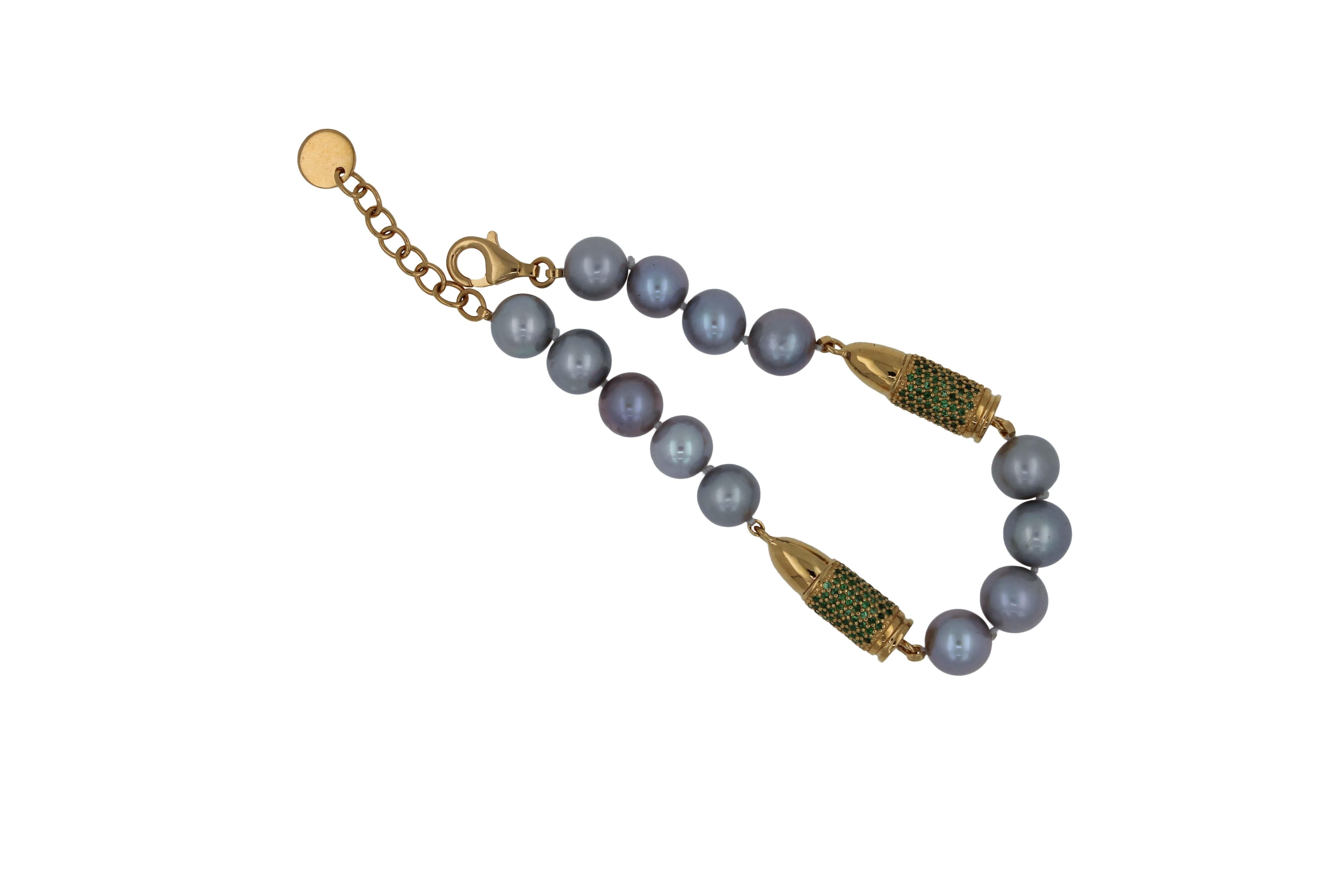 Green Tsavorite Gold Rocket Bullet Grey Silver Pearl Silver Vermeil Bracelet 
*Genuine Green Tsavorites Gemstones 2.50 CTW
* Natural Silver Pearls
* 18K Yellow Gold Vermeil
* 7 to 8.7 Inches Adjustable Clasp
* In-Stock & Ready to Ship