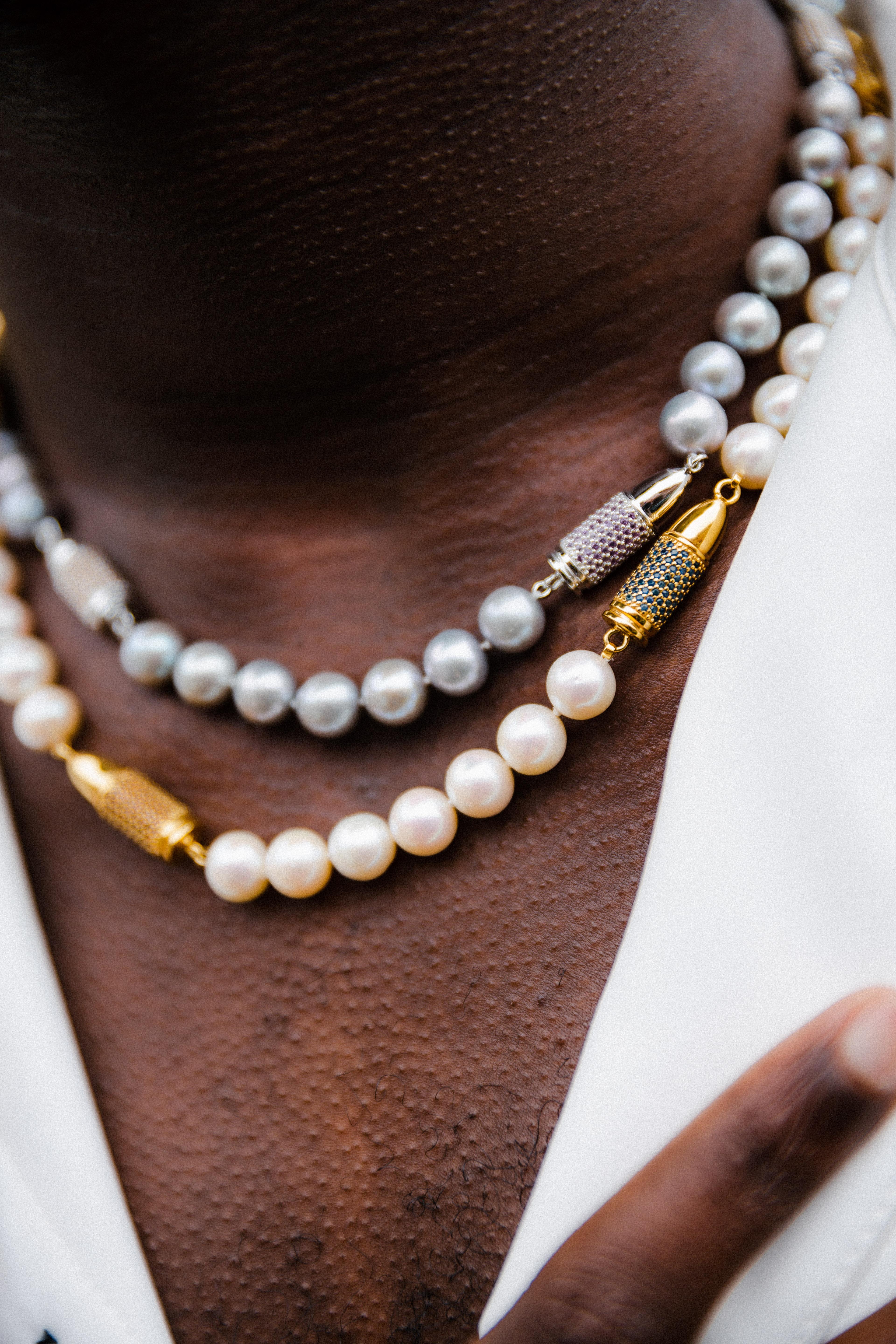 Women's or Men's Green Tsavorite Pave Set Bullet Rocket Silver Pearl Silver Gold Vermeil Necklace For Sale