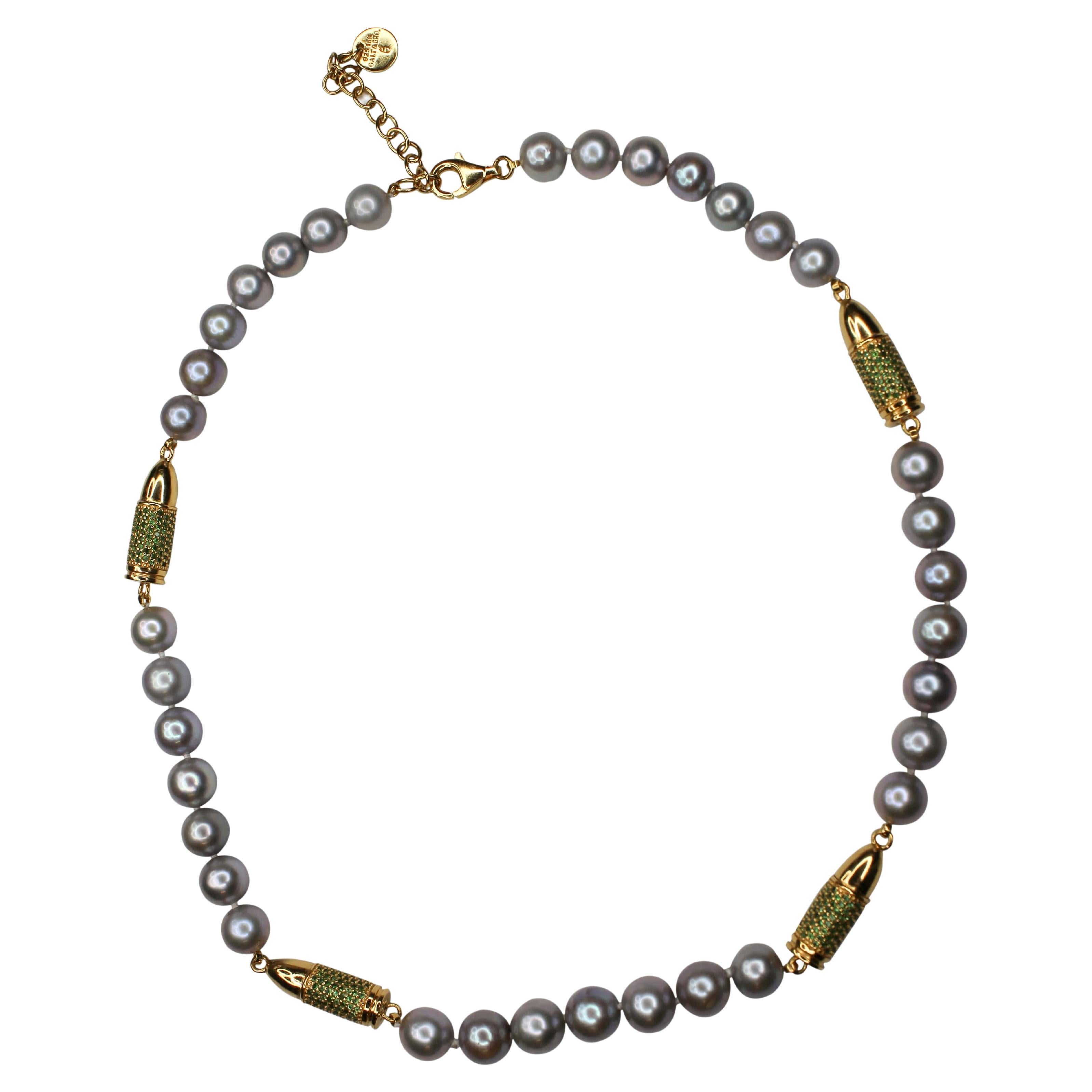 Green Tsavorite Pave Set Bullet Rocket Silver Pearl Silver Gold Vermeil Necklace For Sale