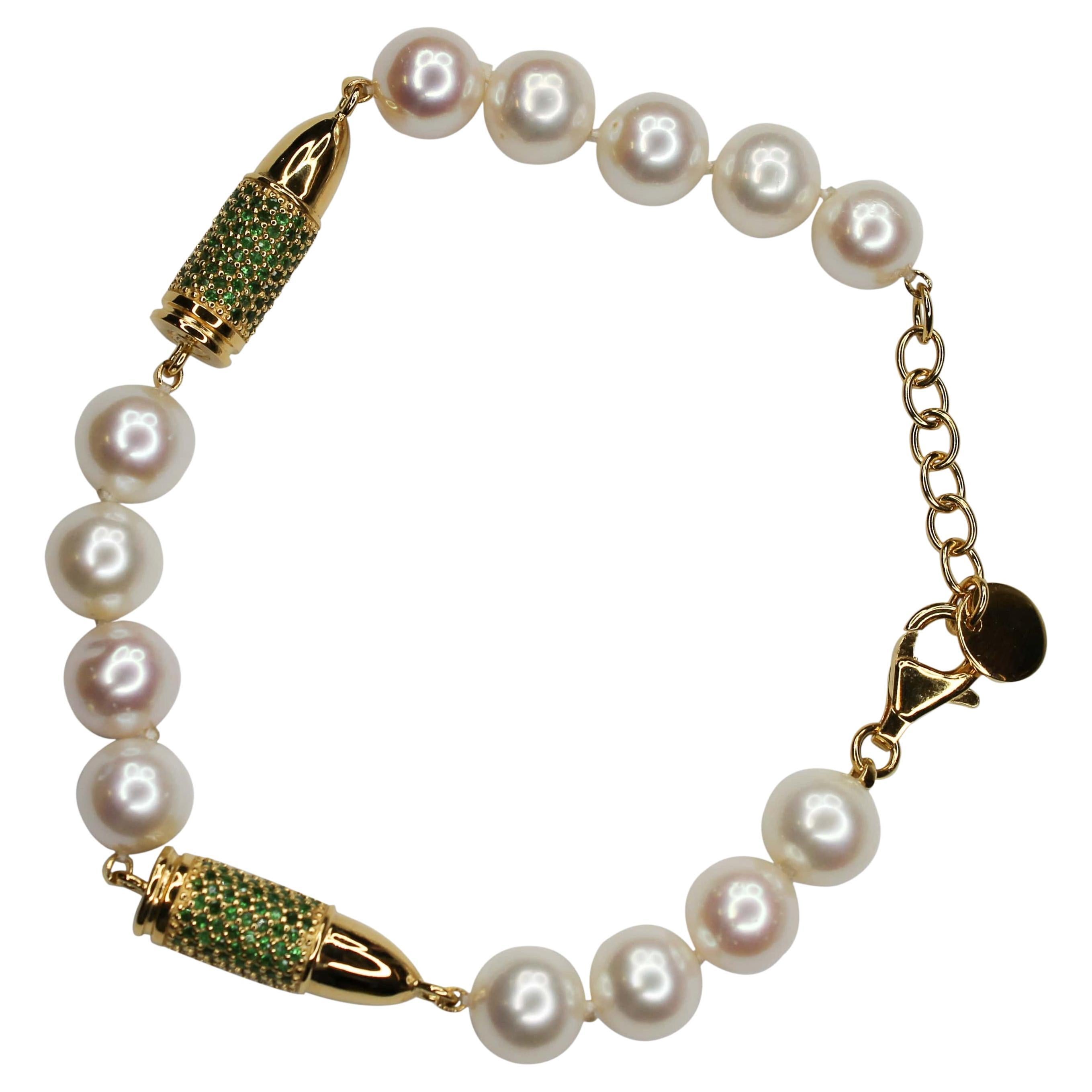 Gelbes Vermeil-Armband aus Gold mit grünem Tsavorit in Pavé-Fassung, Kugel, weiße Perle