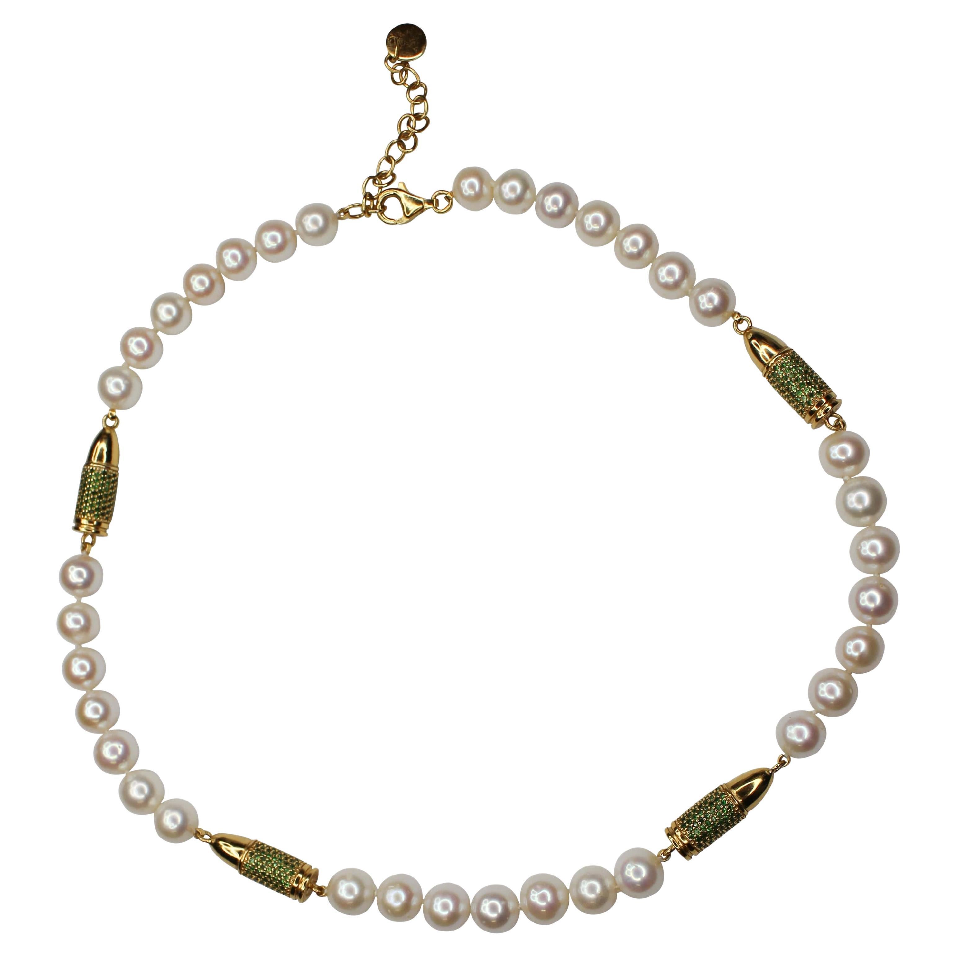 Green Tsavorite Pave Set Bullet Rocket White Pearl Silver Gold Vermeil Necklace For Sale