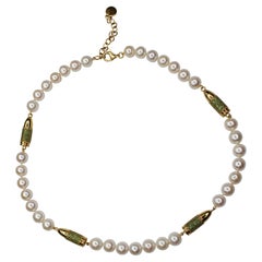 Halskette aus Silber und Gold Vermeil mit grünem Tsavorit in Pavé-Fassung, Kugel und weißer Perle