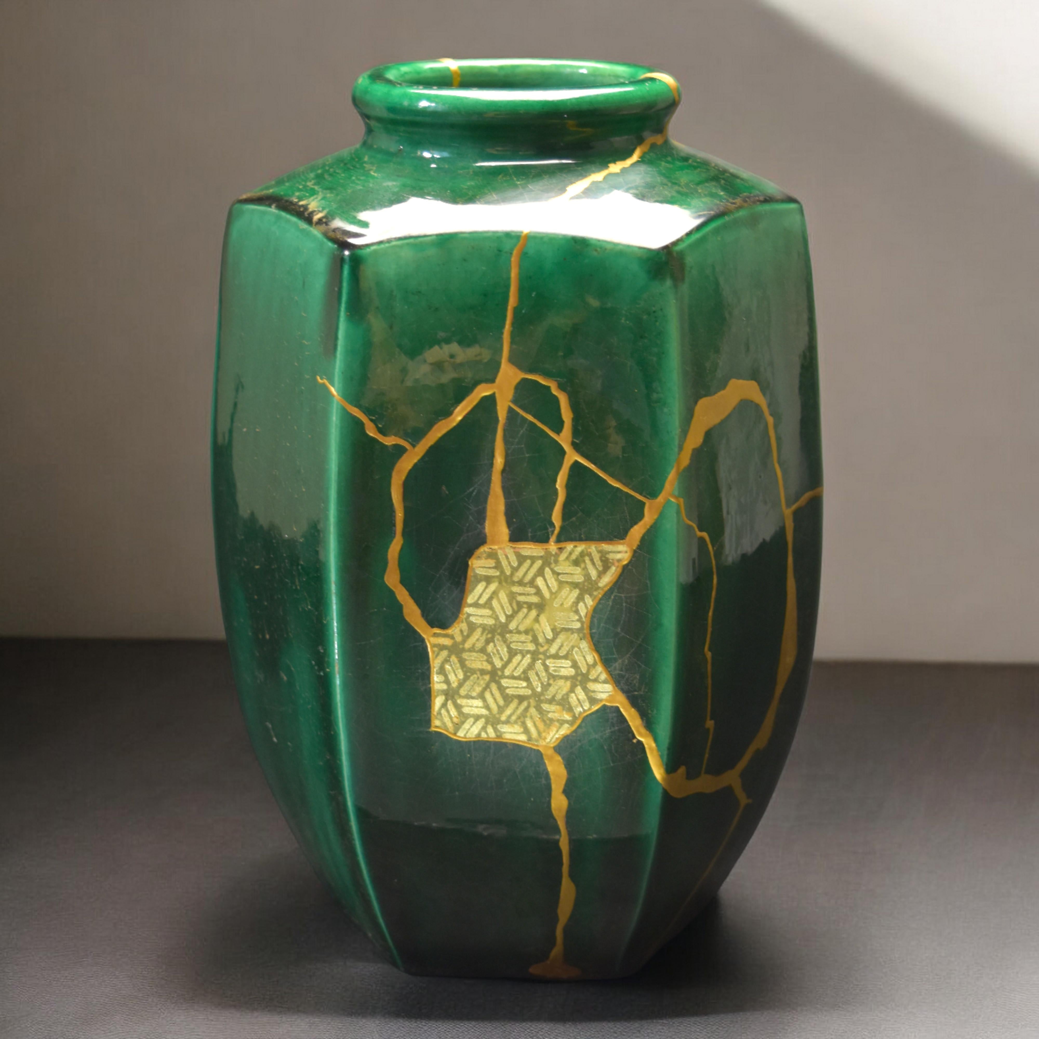 

This exceptional vase, 20 cm high, is a true Japanese work of art, steeped in history and craftsmanship.

Made of magnificent emerald-green ceramic, it bears the potter’s signature under the foot, attesting to its authenticity and