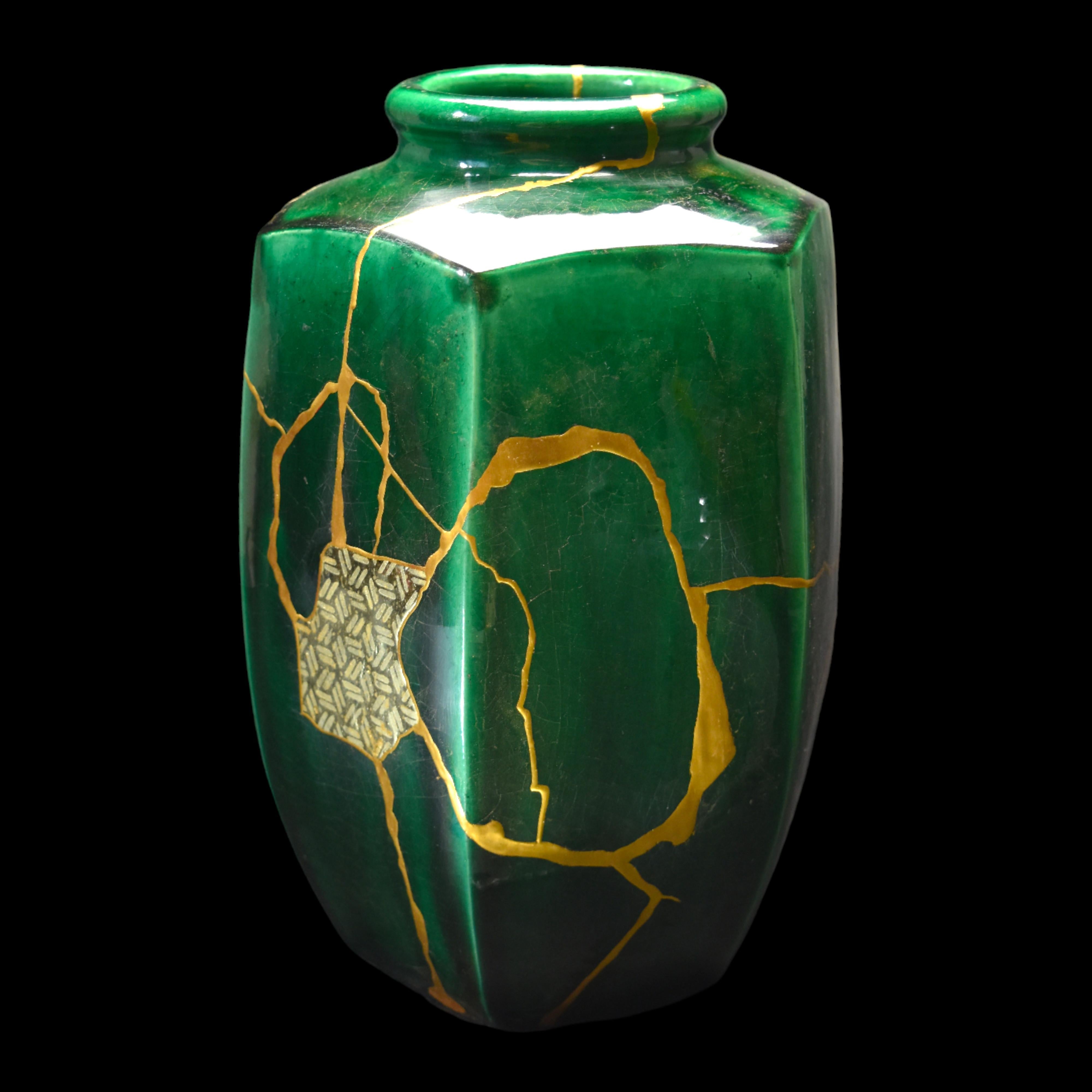 French Green kintsugi vase with Kagome maki-e