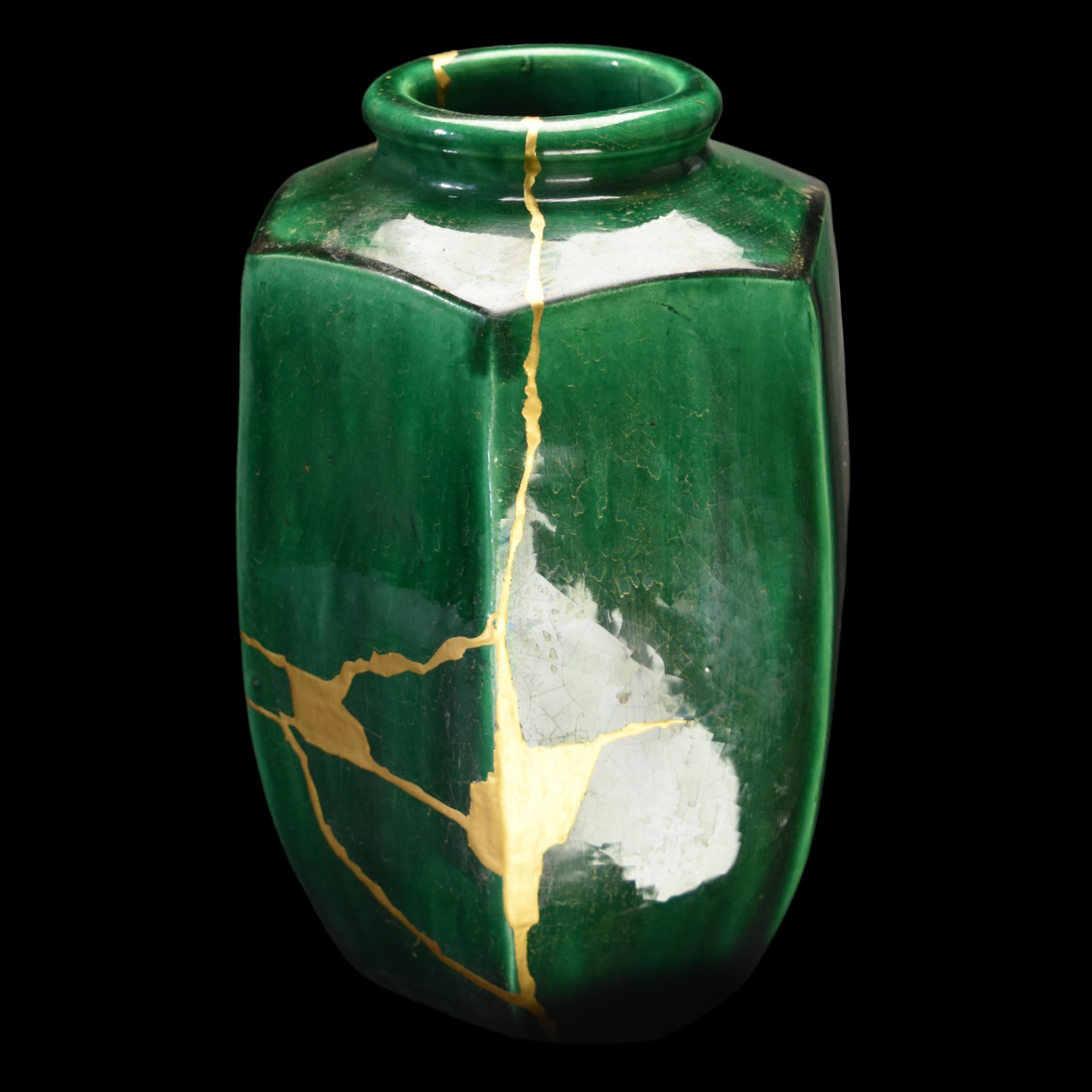 Contemporary Green kintsugi vase with Kagome maki-e