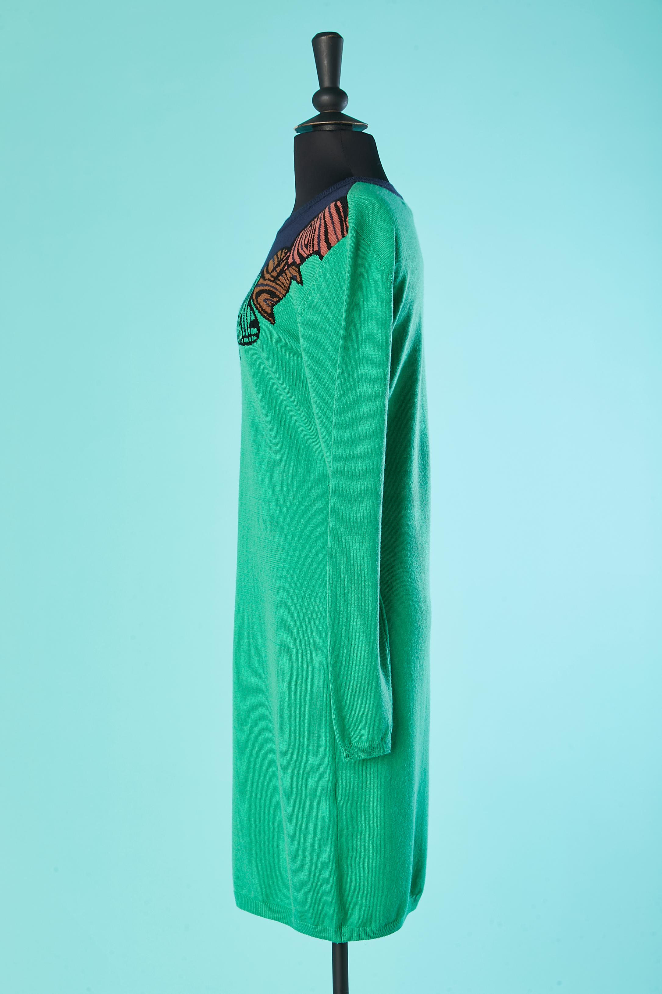 Green knit dress with jacquard neckline JC de Castelbajac  In Excellent Condition For Sale In Saint-Ouen-Sur-Seine, FR