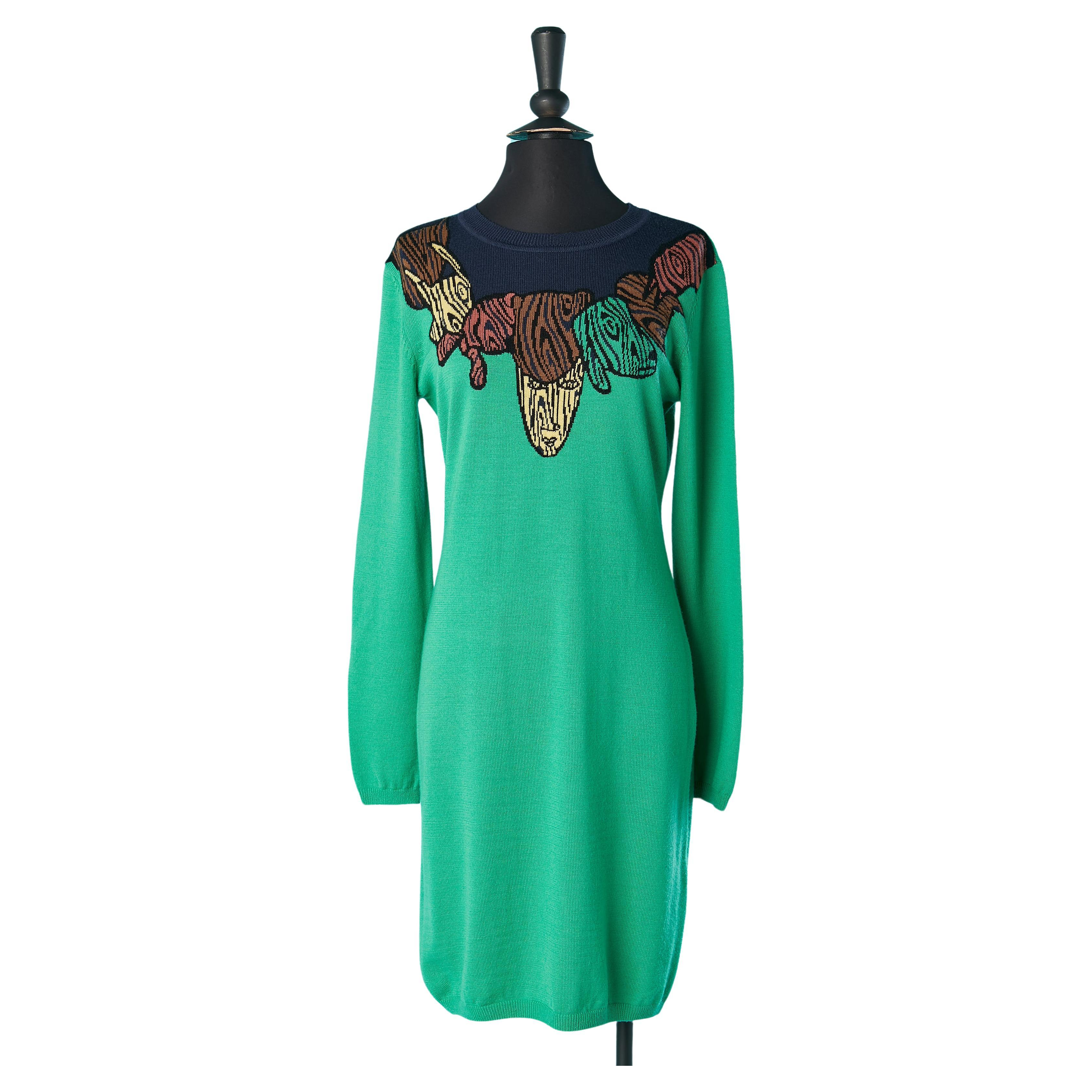 Green knit dress with jacquard neckline JC de Castelbajac  For Sale