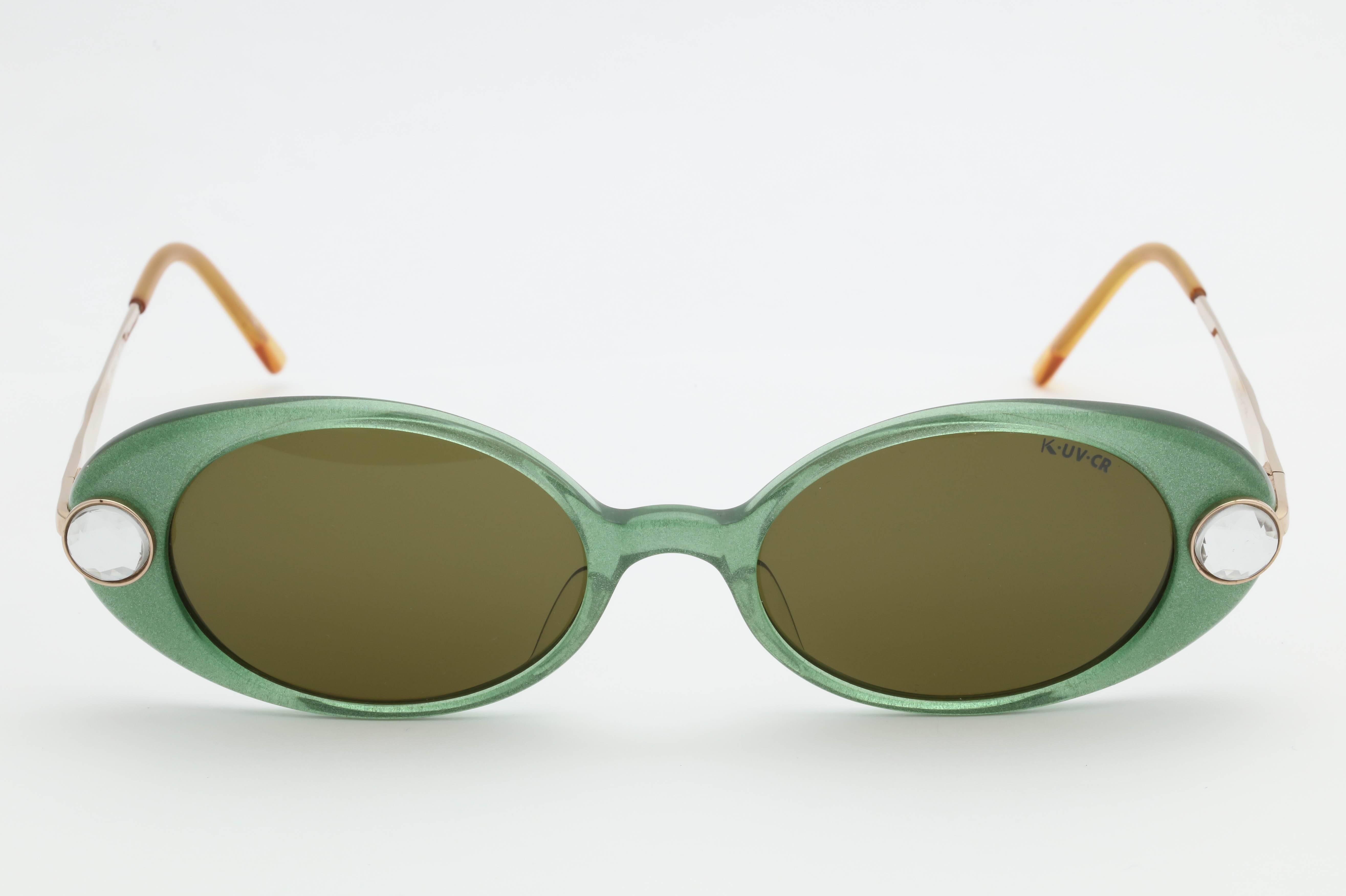 Brown Green Krizia Rhinestone Vintage Sunglasses For Sale