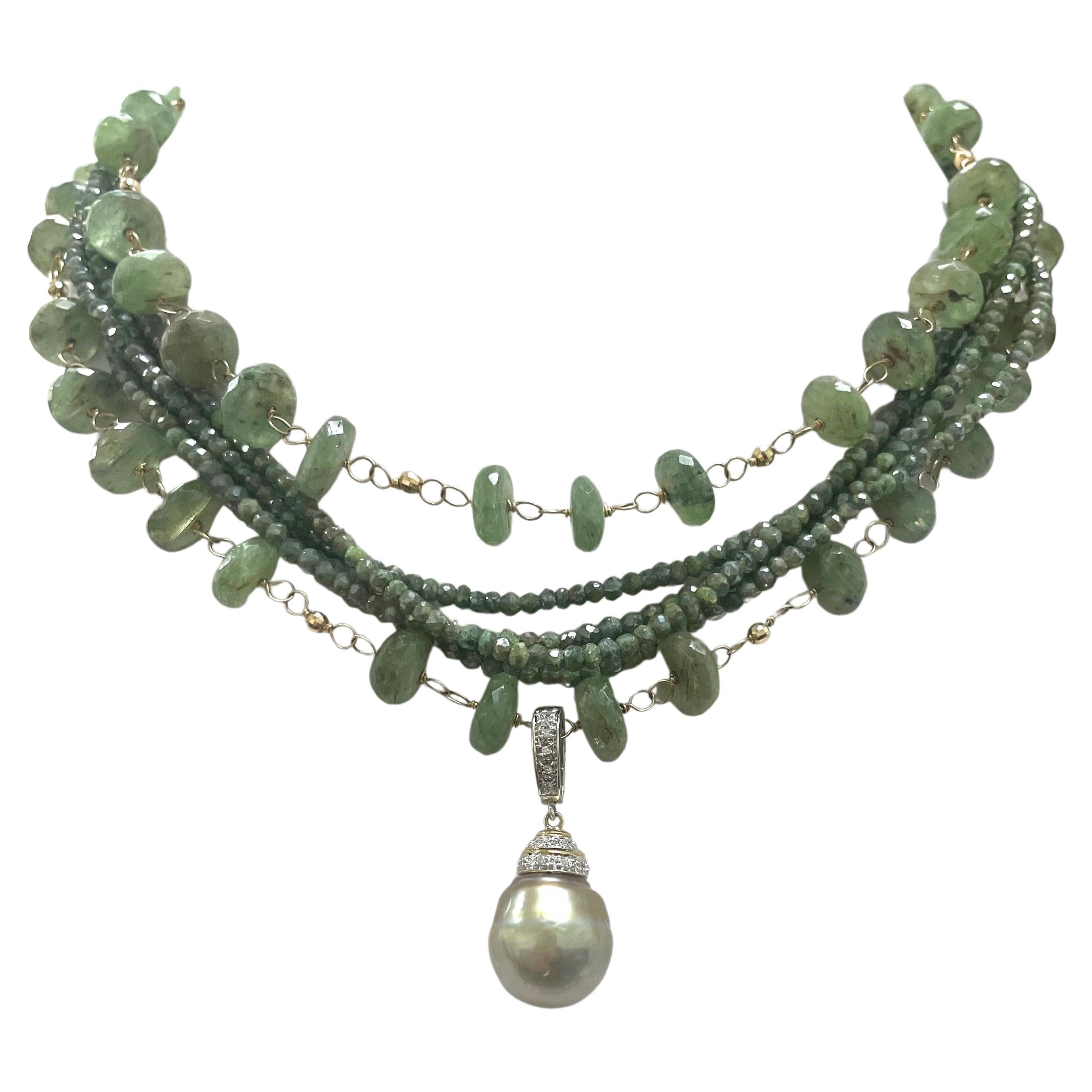 Green Kyanite and Silverite Multistrand Paradizia Necklace with Tahitian Pendant For Sale 4