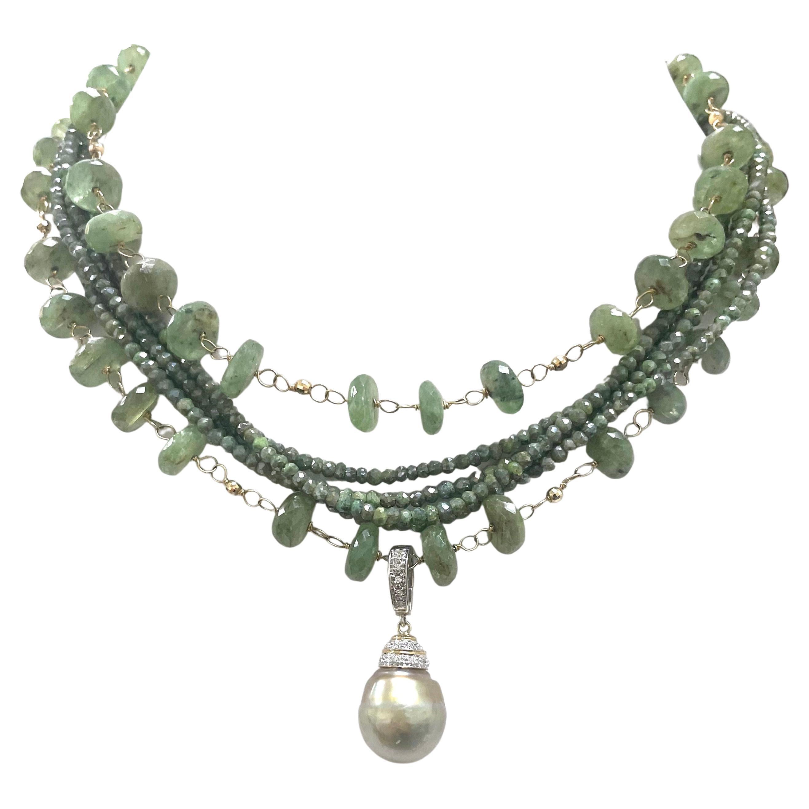 Green Kyanite and Silverite Multistrand Paradizia Necklace with Tahitian Pendant For Sale 5