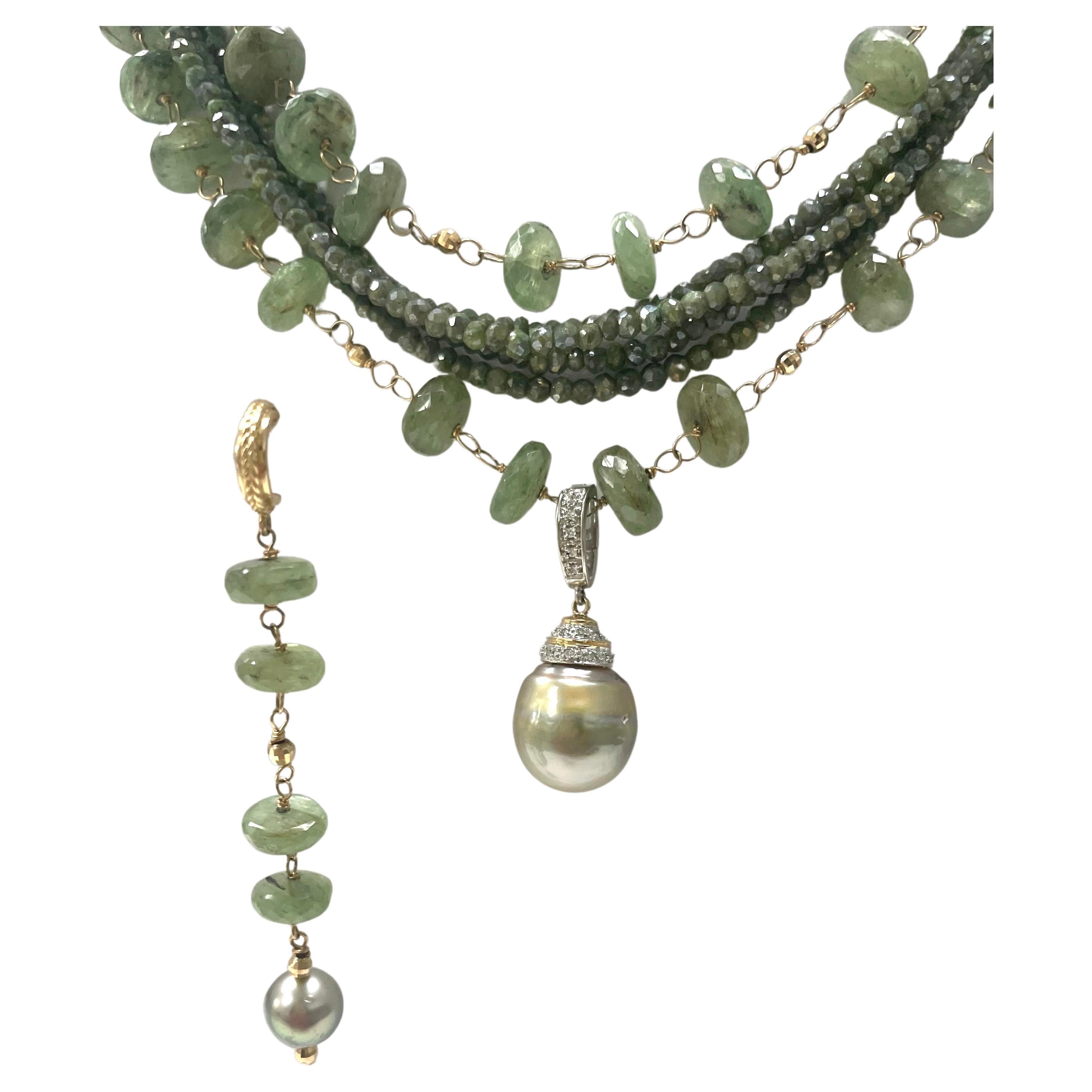 Bead Green Kyanite and Silverite Multistrand Paradizia Necklace with Tahitian Pendant For Sale