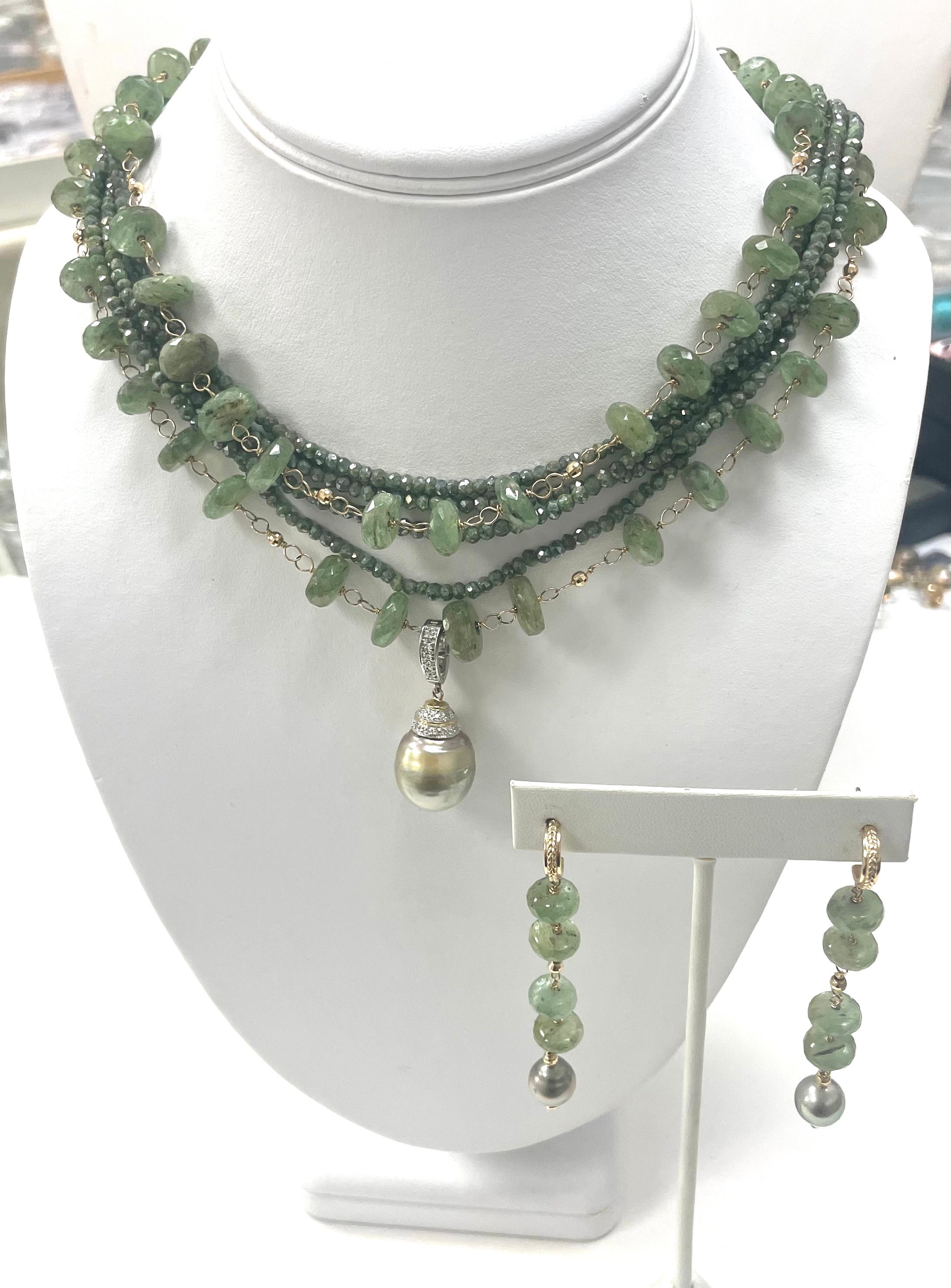 Green Kyanite and Silverite Multistrand Paradizia Necklace with Tahitian Pendant In New Condition For Sale In Laguna Beach, CA