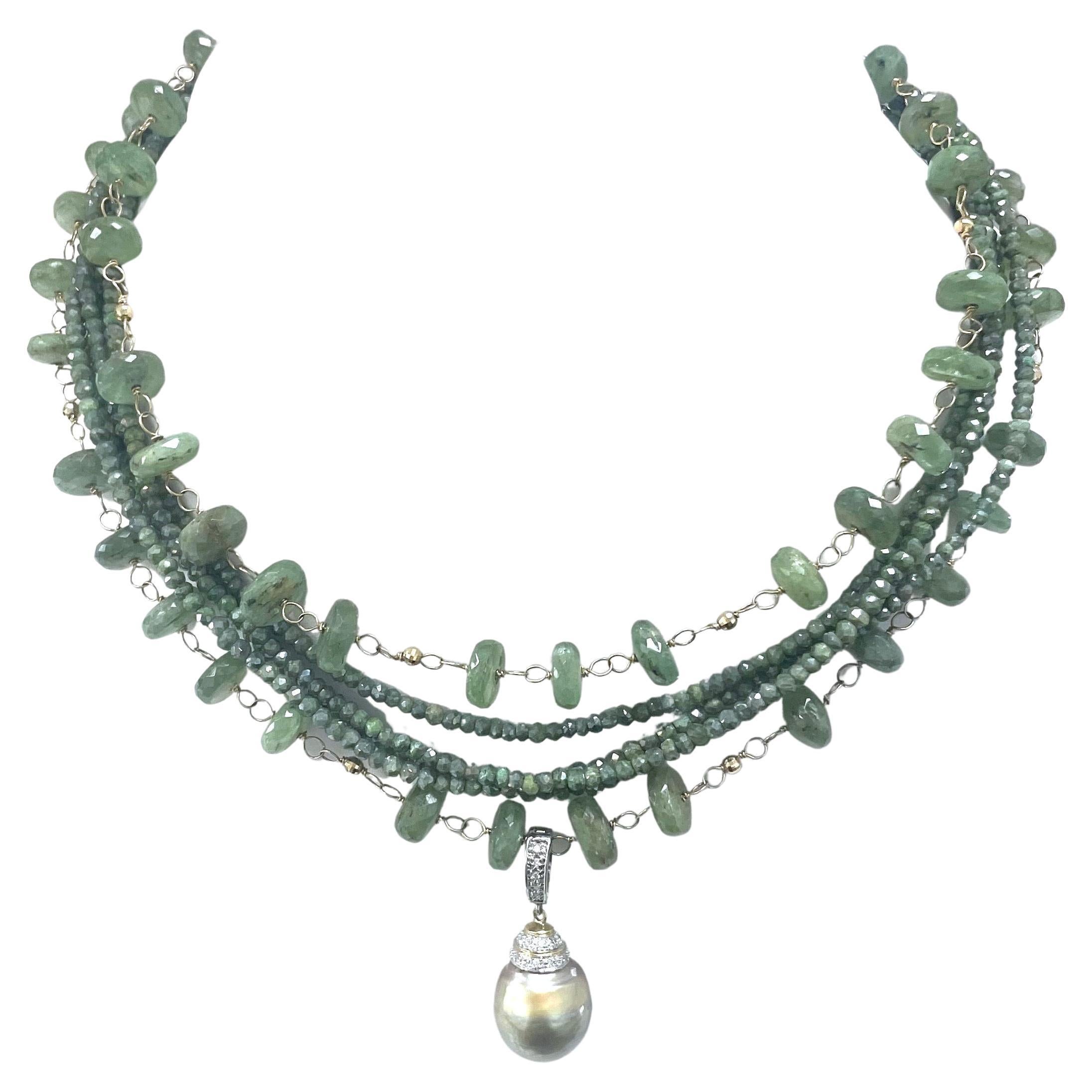 Women's Green Kyanite and Silverite Multistrand Paradizia Necklace with Tahitian Pendant For Sale