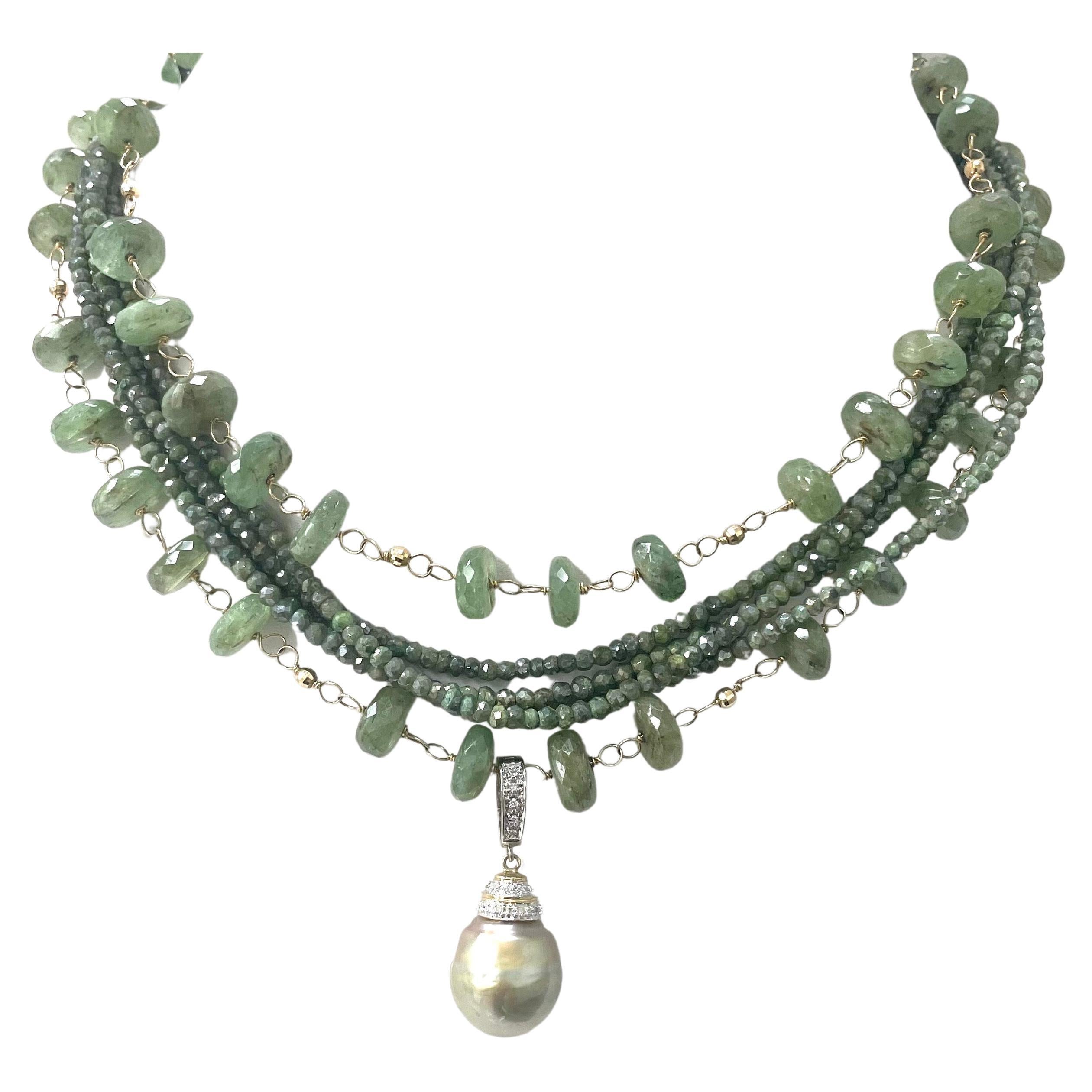 Green Kyanite and Silverite Multistrand Paradizia Necklace with Tahitian Pendant For Sale 2