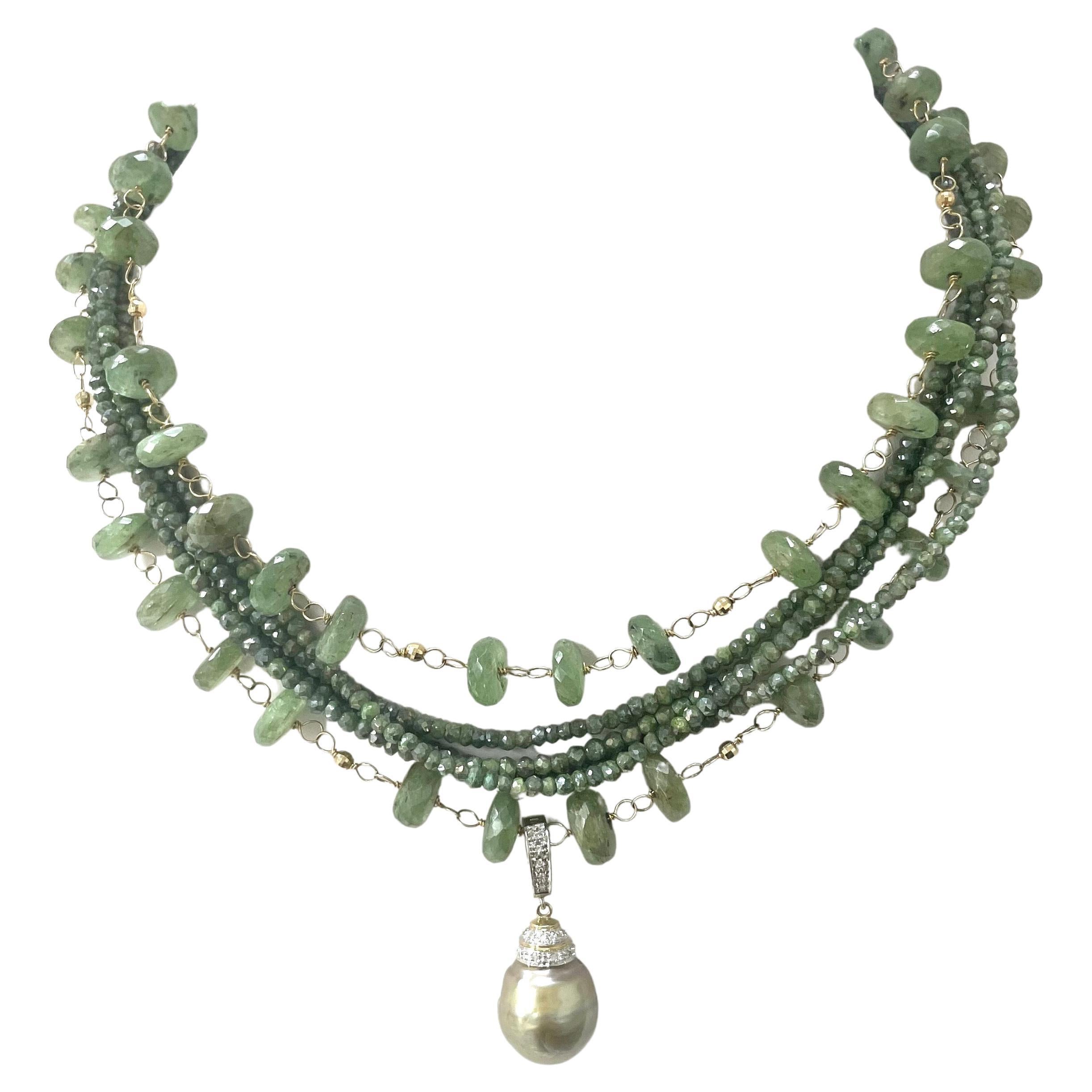 Green Kyanite and Silverite Multistrand Paradizia Necklace with Tahitian Pendant For Sale 3