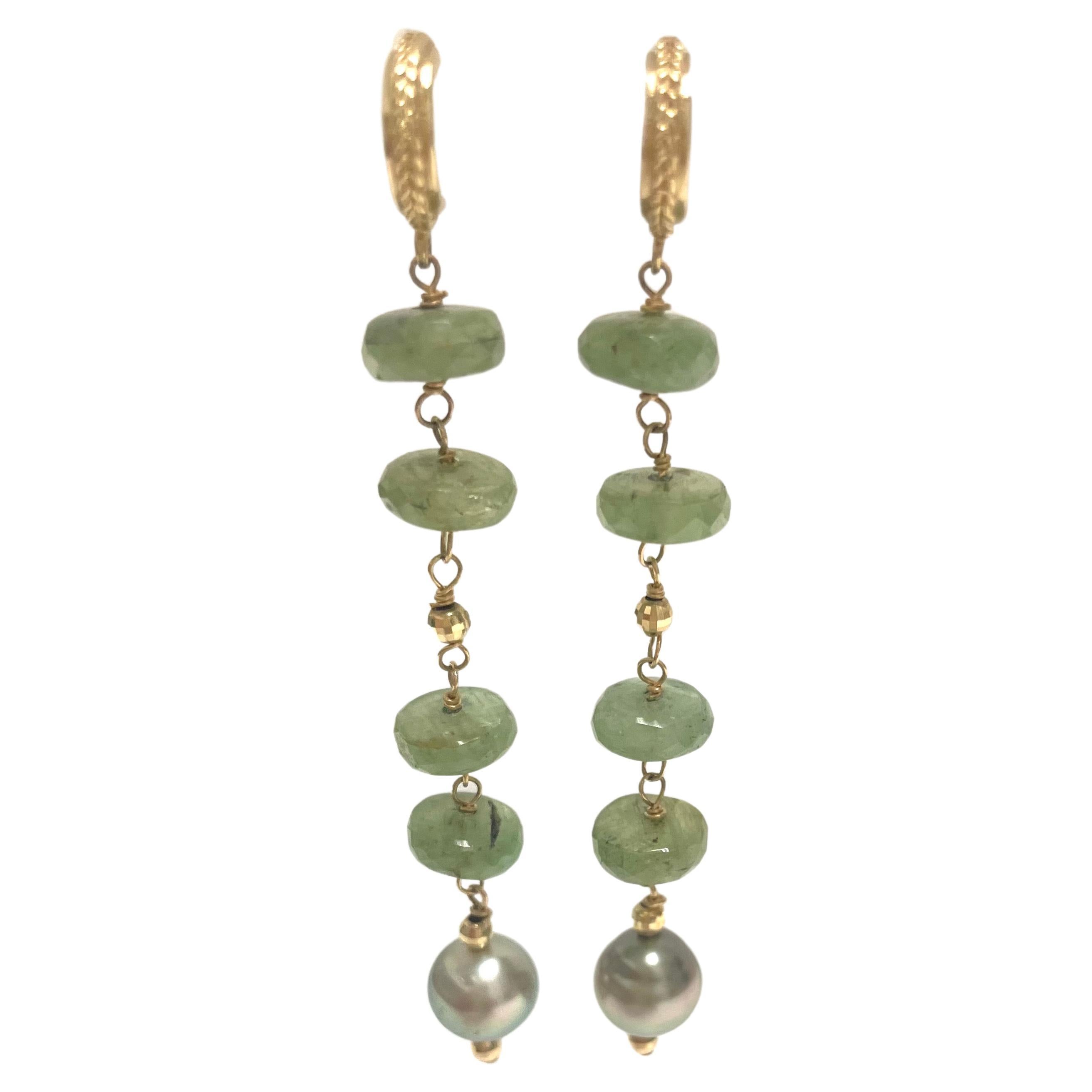 Green Kyanite with Tahitian Pearls Paradizia Earrings For Sale 1