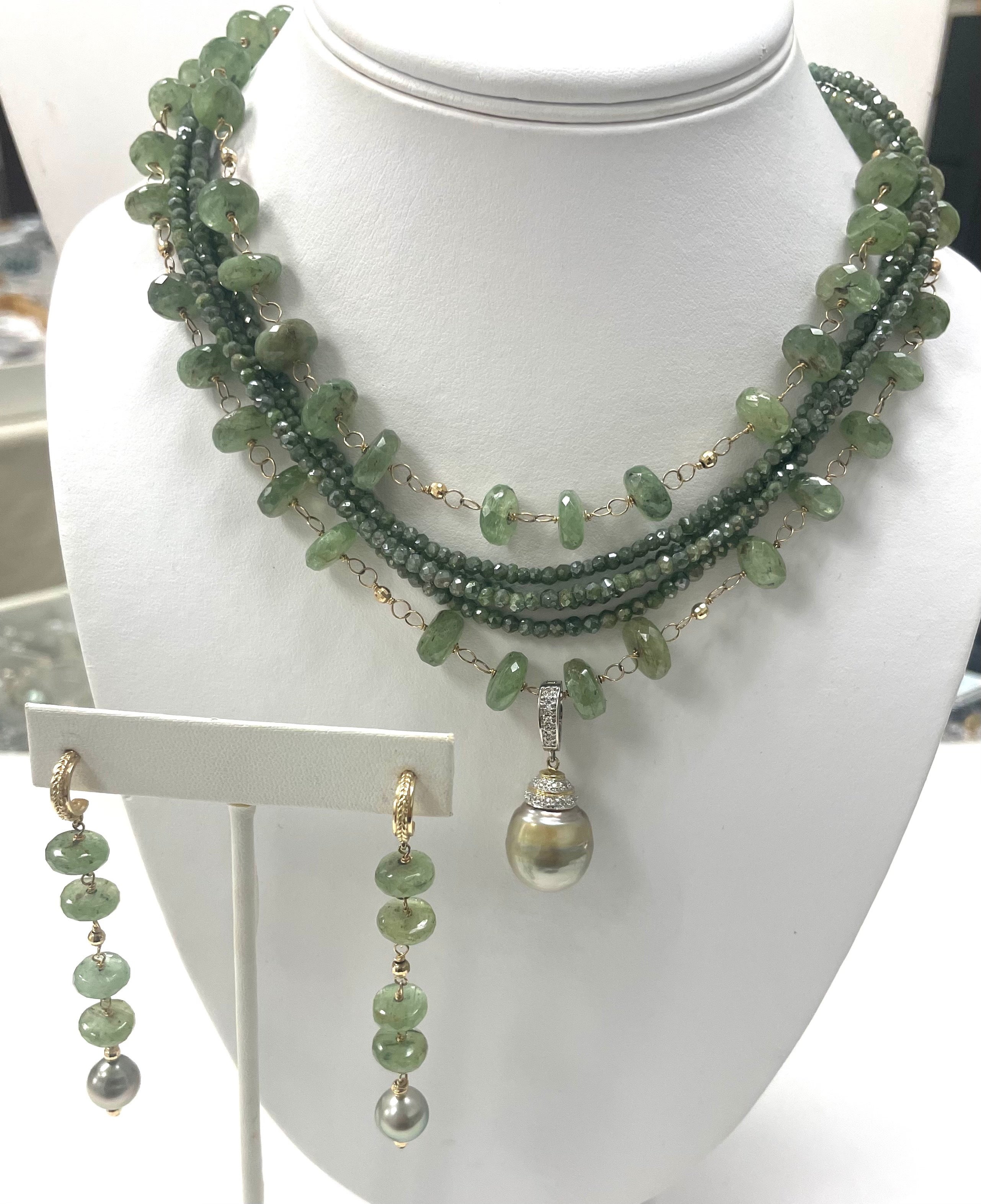 Description
Rare Green Kyanite paired with lustrous Pistachio color Tahitian pearls. Item #E3373
A beautiful necklace was designed to match these earrings (see photos), Item # N3788 $12,500). Sold separately.

Materials and Weight
Green Kyanite, 34