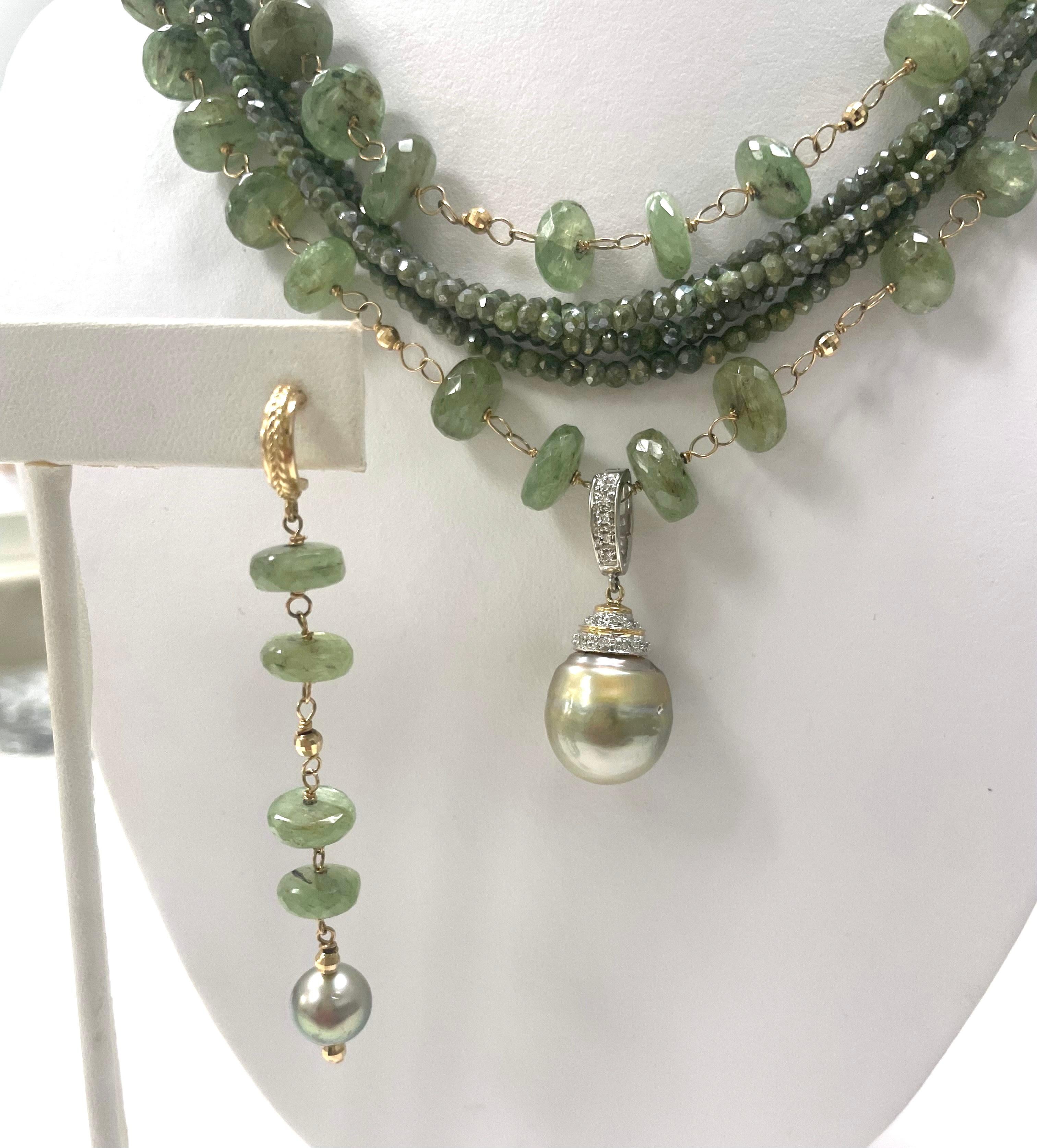 Women's Green Kyanite with Tahitian Pearls Paradizia Earrings For Sale