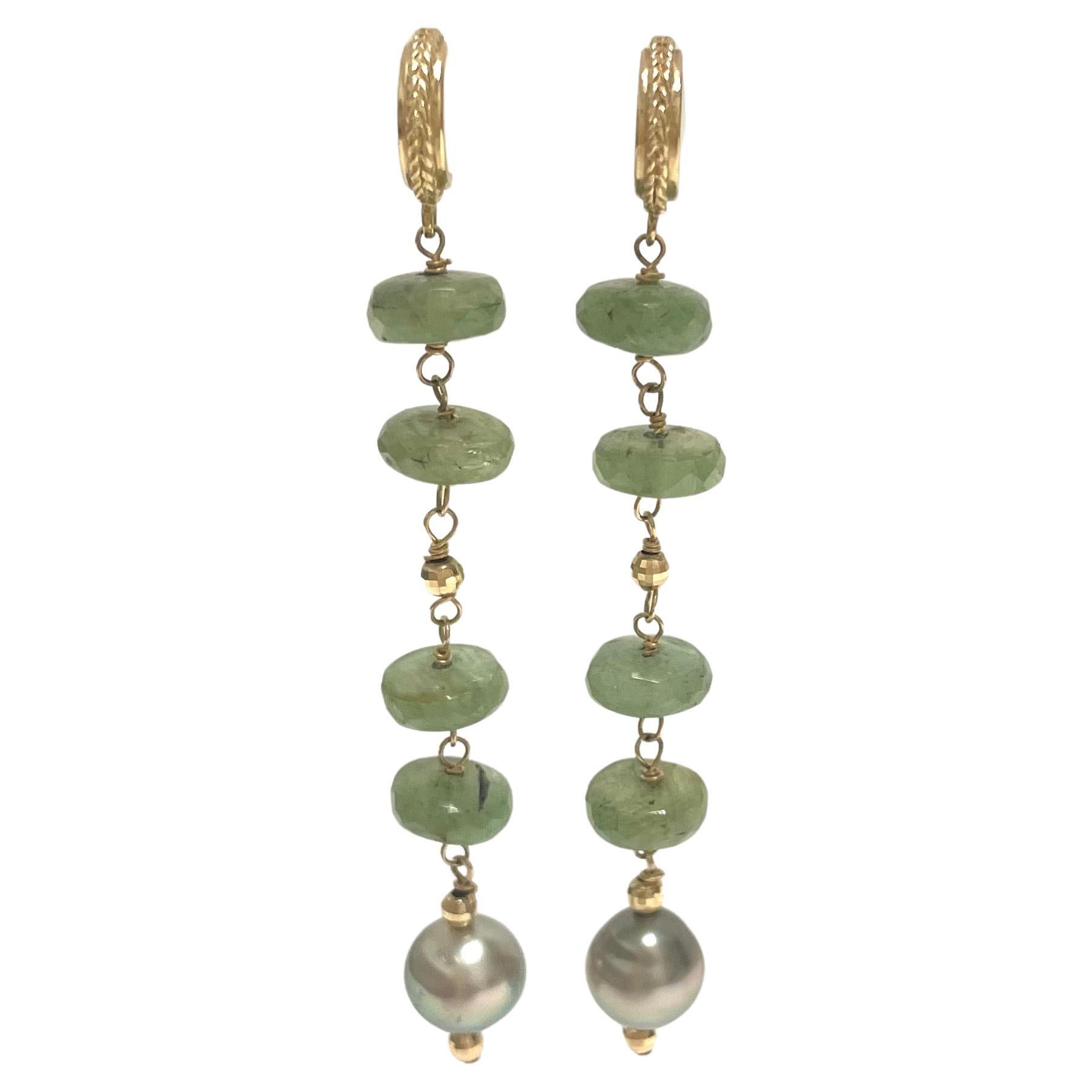 Green Kyanite with Tahitian Pearls Paradizia Earrings For Sale
