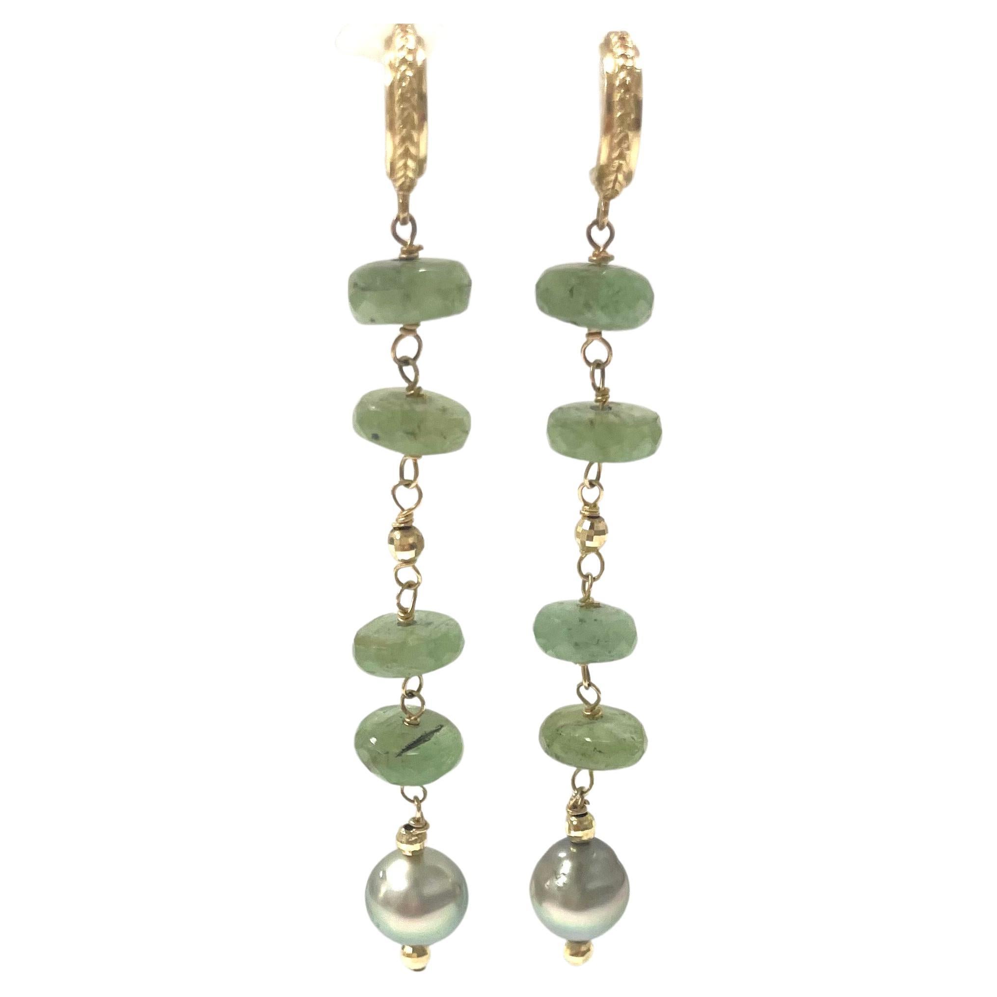 Artisan Green Kyanite with Tahitian Pearls Paradizia Earrings For Sale