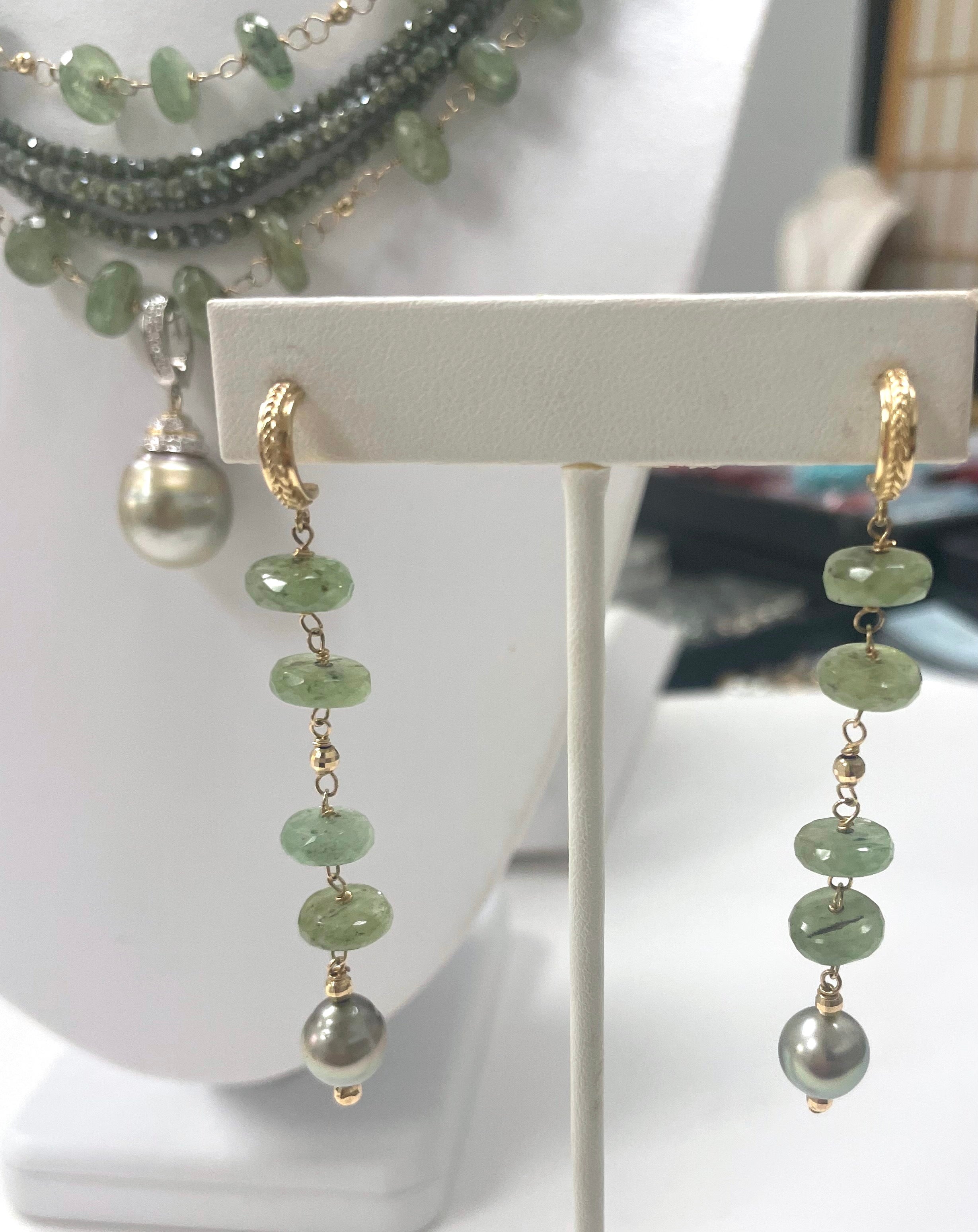 Green Kyanite with Tahitian Pearls Paradizia Earrings For Sale 2