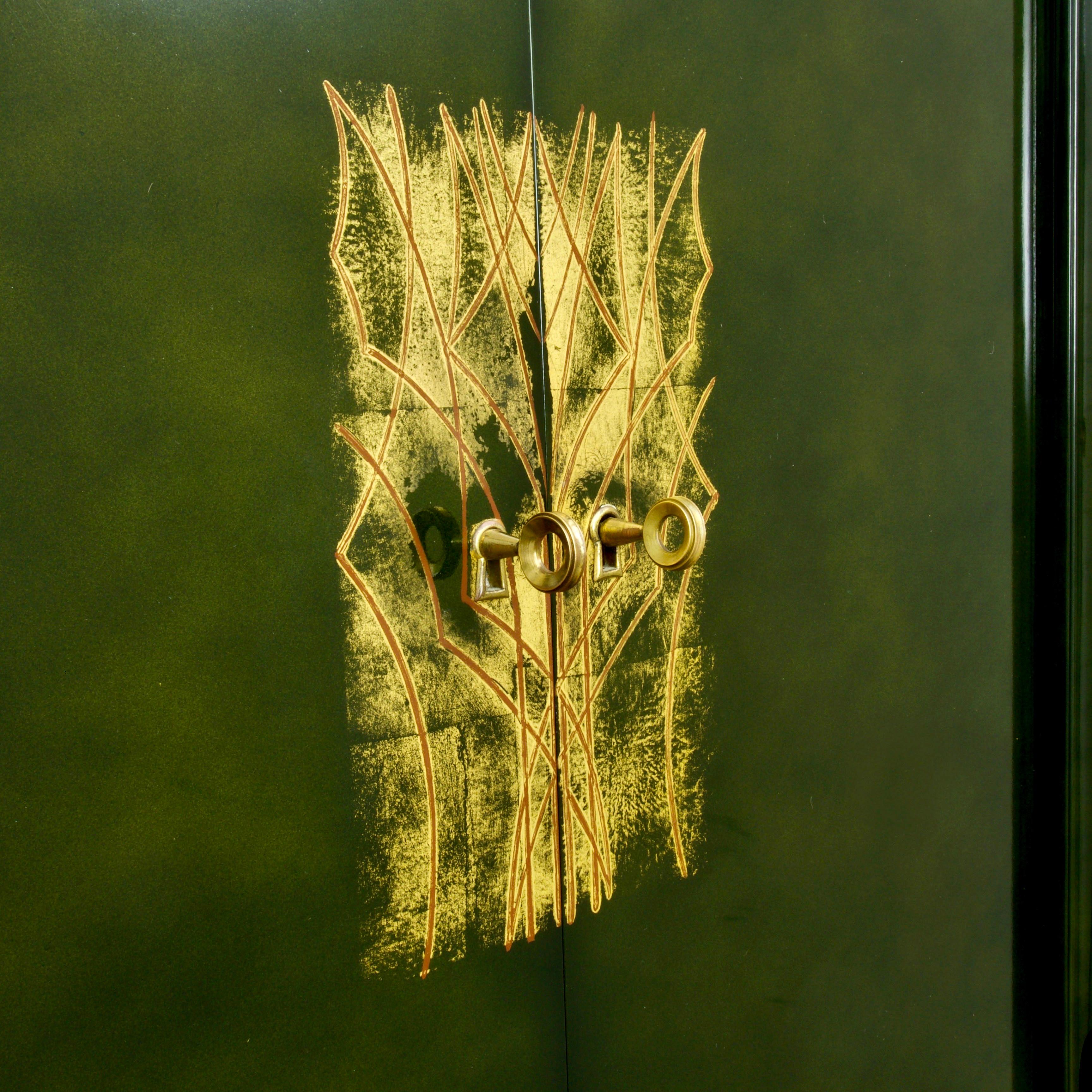 Green Lacquer Cabinet by Andre Domin & Marcel Genevriere for Maison Dominique In Good Condition In CA, CA