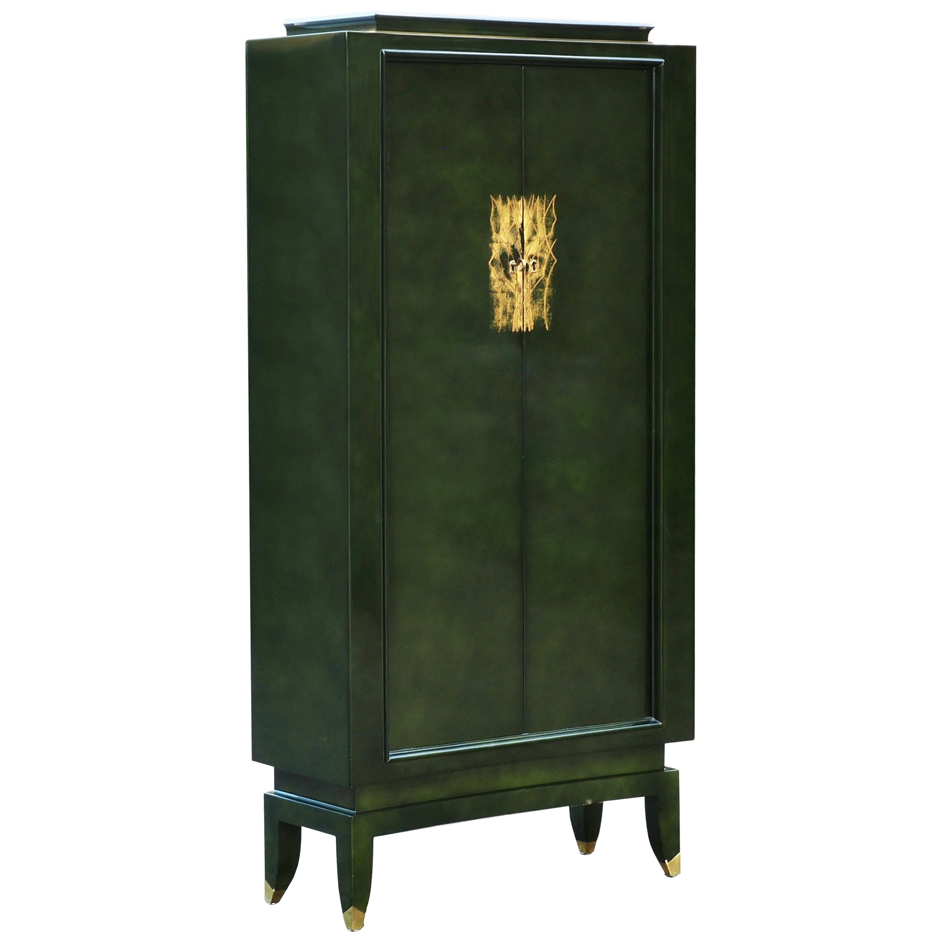 Green Lacquer Cabinet by Andre Domin & Marcel Genevriere for Maison Dominique