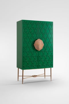 Green Lacquered Cabinet with Islamic Pattern and Hand-Crafted Brass Handle
