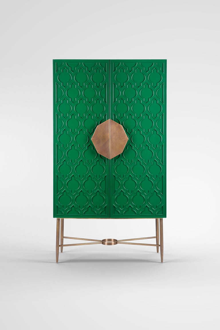 Modern Green Lacquered Cabinet with Islamic Pattern and Hand-Crafted Brass Handle For Sale