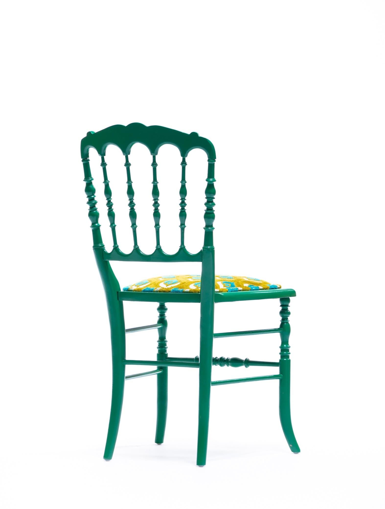 Green Lacquered Chiavari Side Chair with Peacock Feathers in Cut Velvet For Sale 5