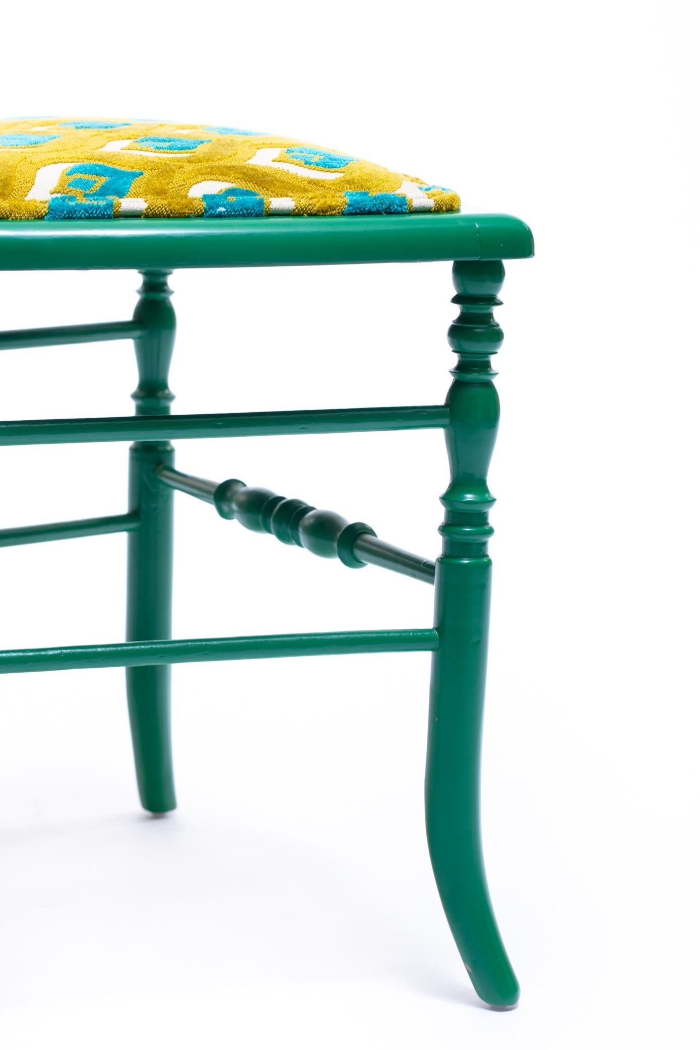 Italian Green Lacquered Chiavari Side Chair with Peacock Feathers in Cut Velvet For Sale