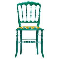 Green Lacquered Chiavari Side Chair with Peacock Feathers in Cut Velvet