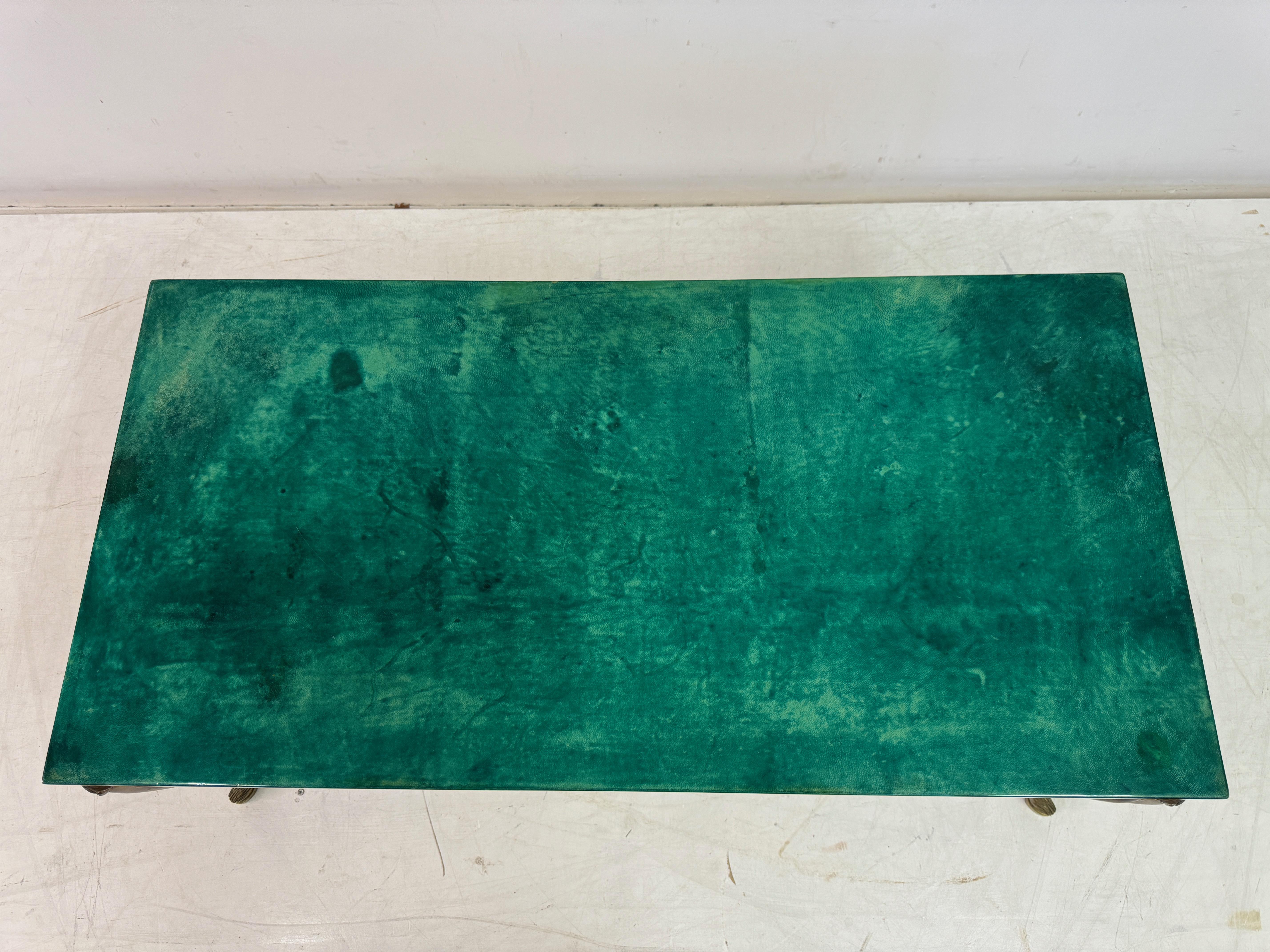 Green Lacquered Goatskin Coffee table with Brass Legs by Aldo Tura 4