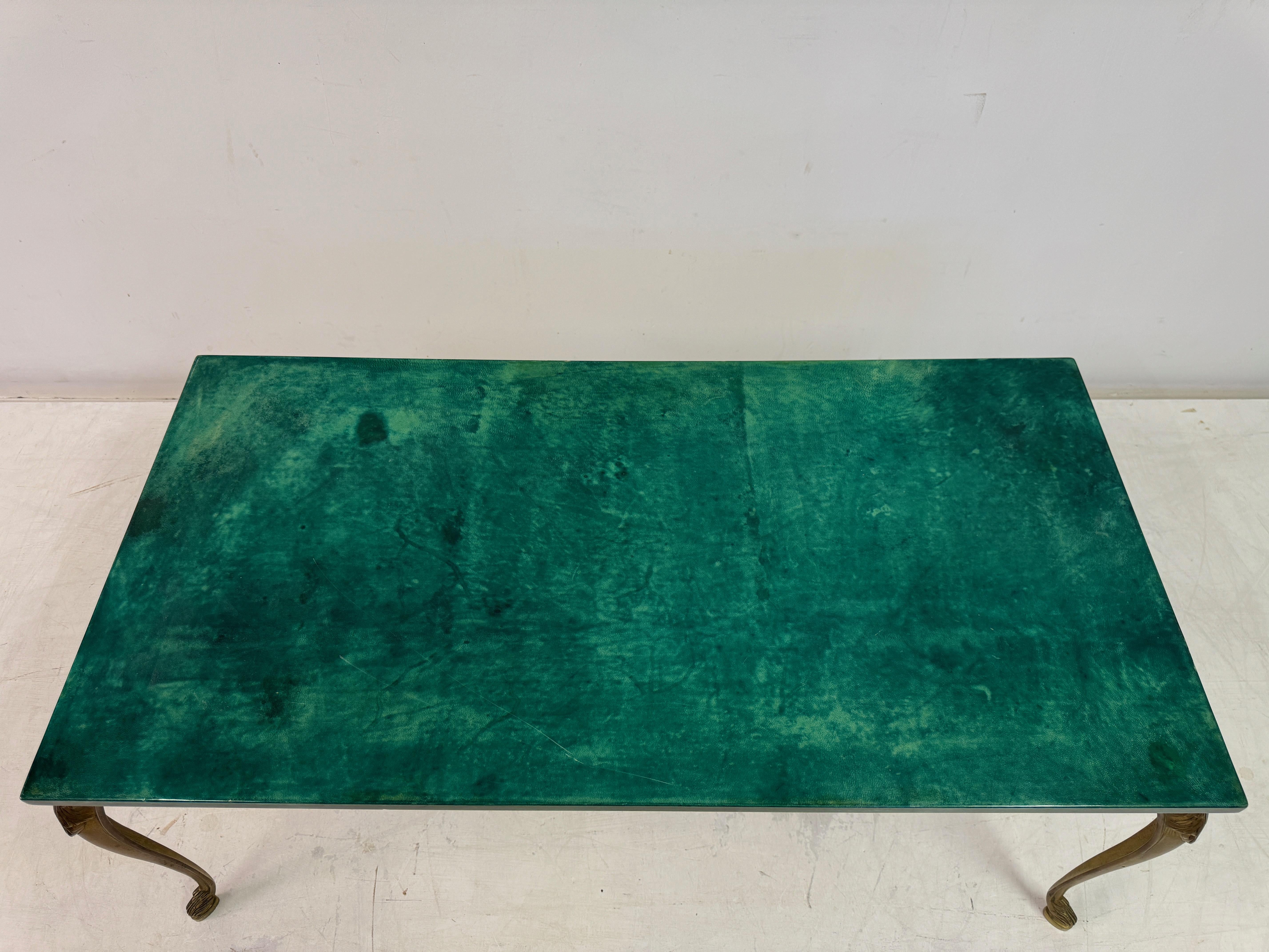 Green Lacquered Goatskin Coffee table with Brass Legs by Aldo Tura 5