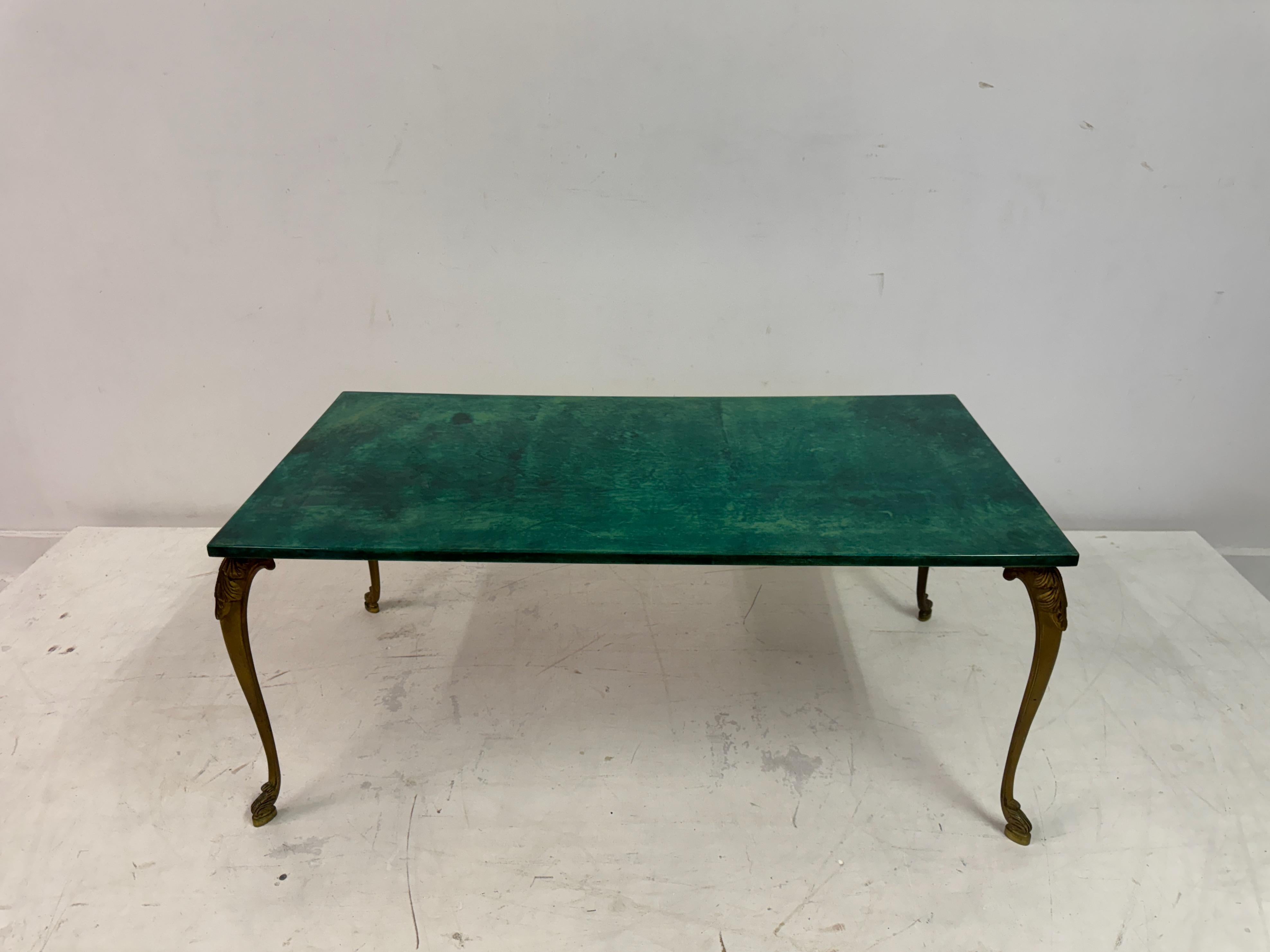 Mid-Century Modern Green Lacquered Goatskin Coffee table with Brass Legs by Aldo Tura