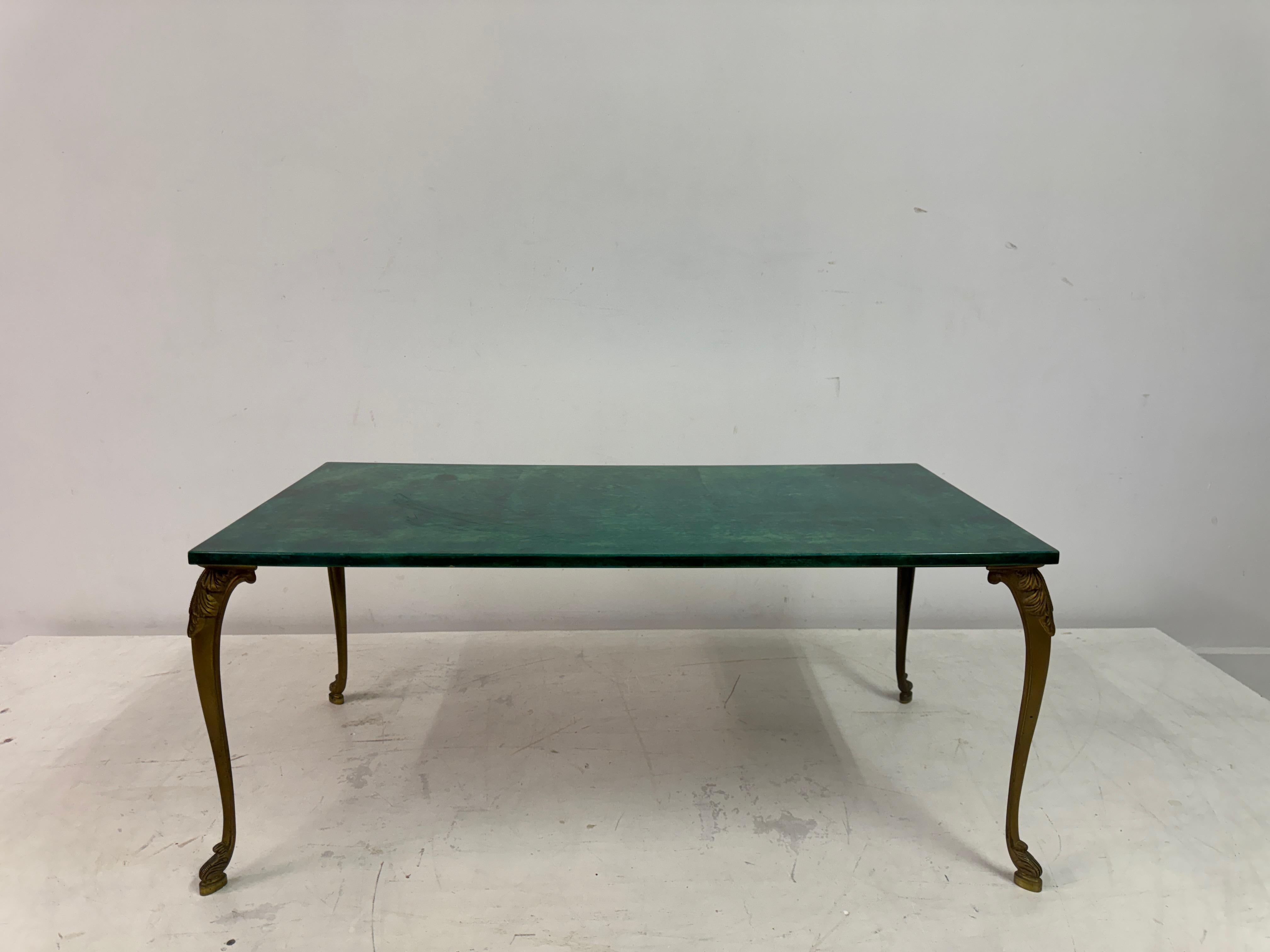 Italian Green Lacquered Goatskin Coffee table with Brass Legs by Aldo Tura