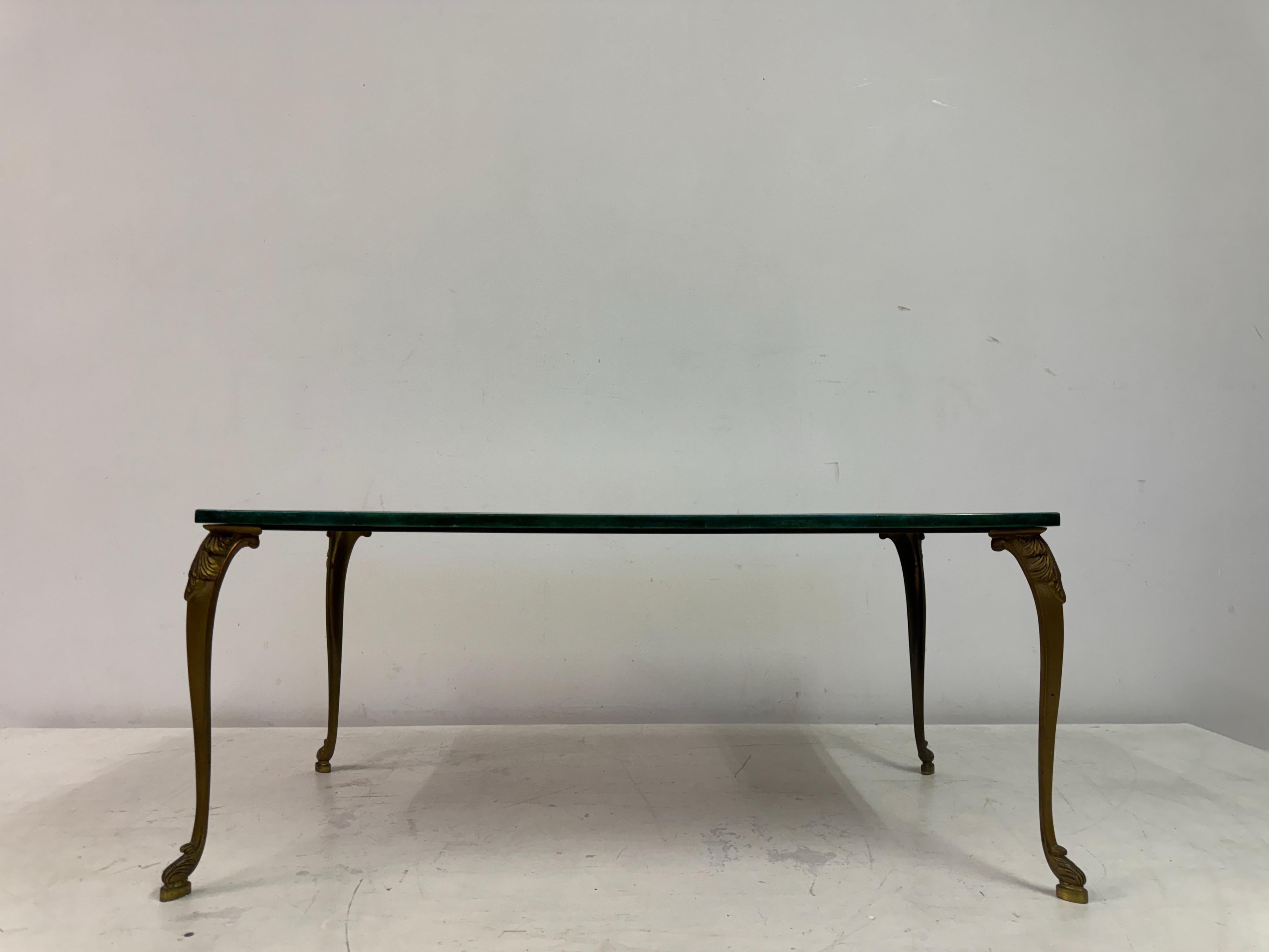 Green Lacquered Goatskin Coffee table with Brass Legs by Aldo Tura In Good Condition In London, London