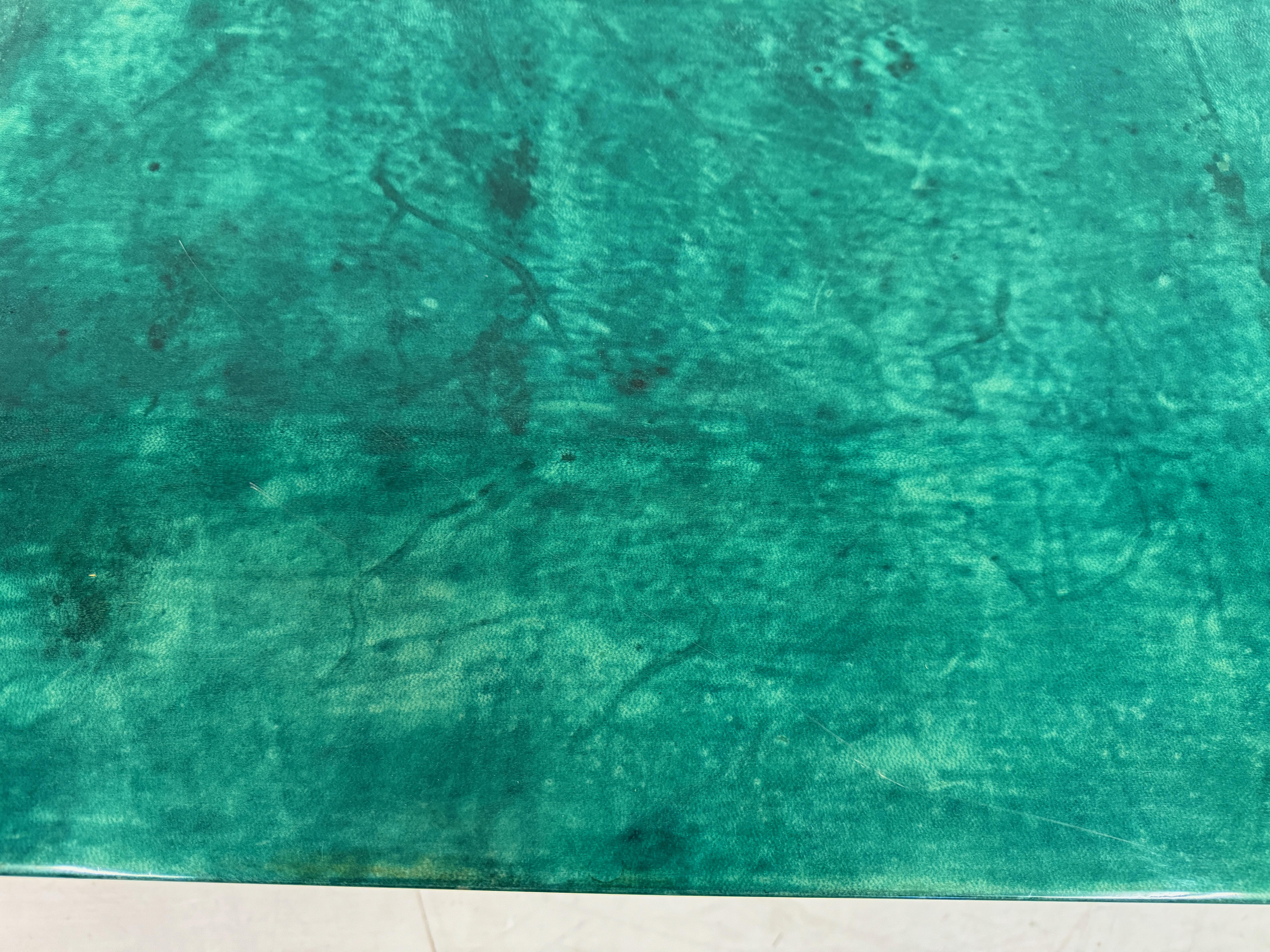 Green Lacquered Goatskin Coffee table with Brass Legs by Aldo Tura 2