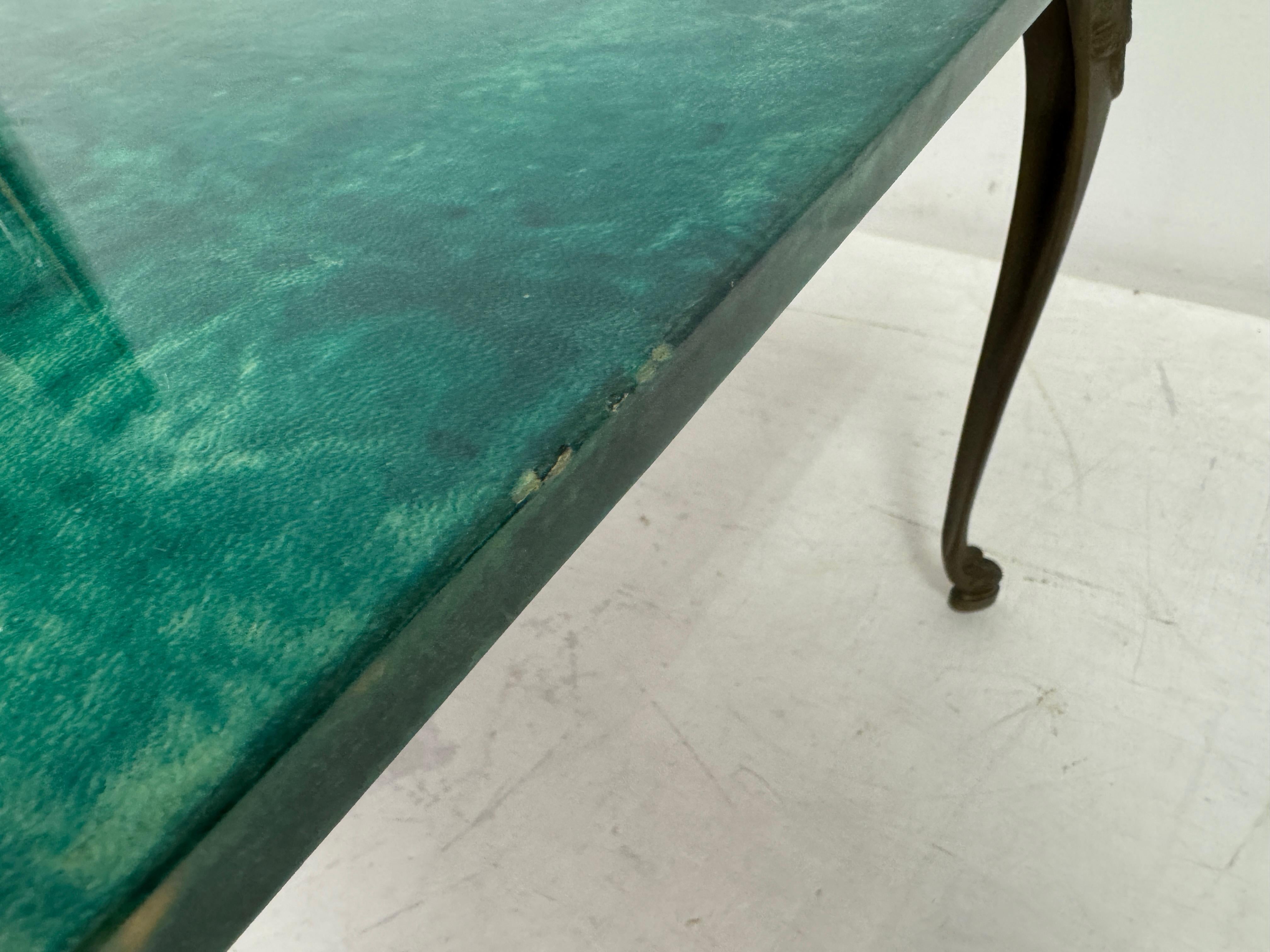 Green Lacquered Goatskin Coffee table with Brass Legs by Aldo Tura 3
