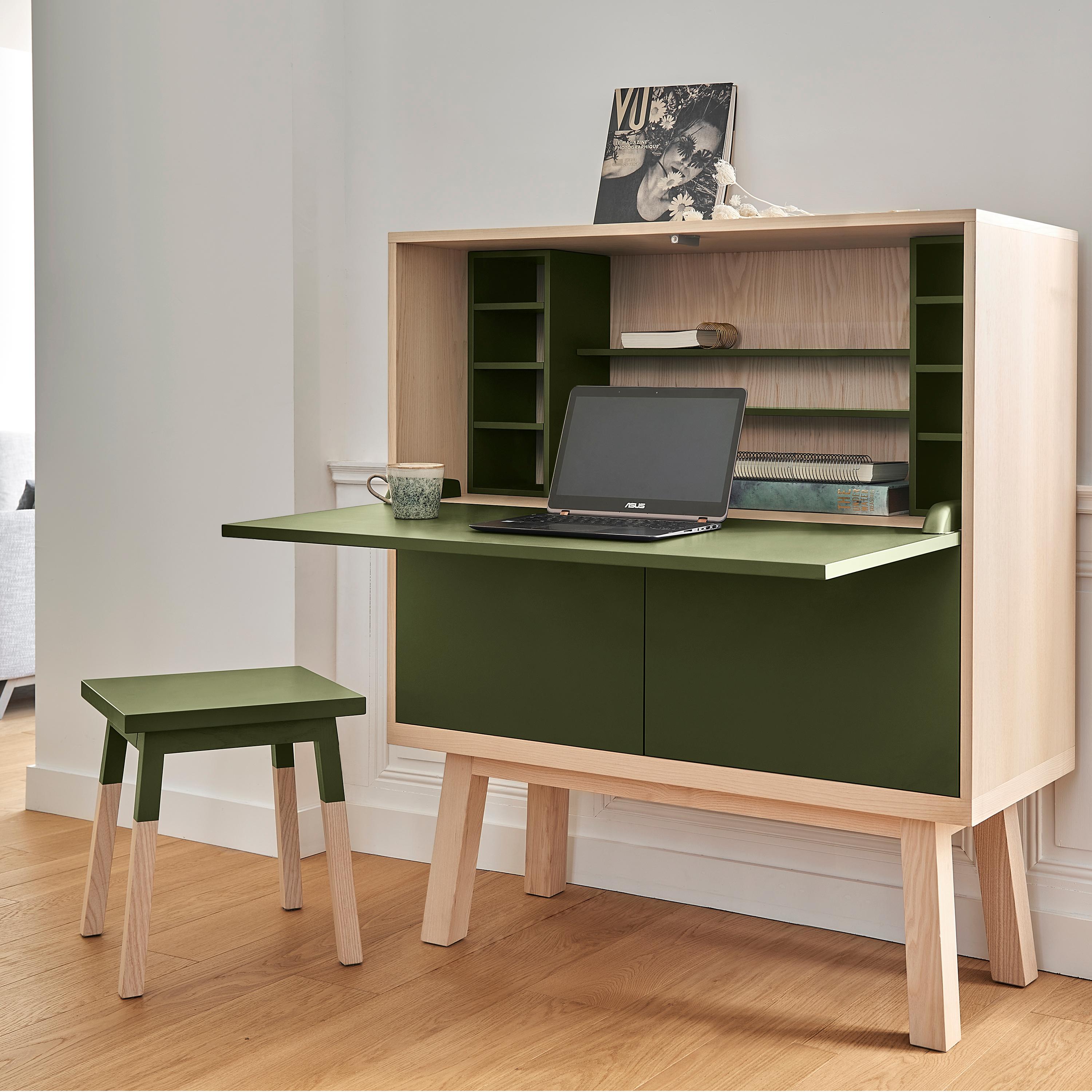 Scandinavian Modern Green Lacquered Large French Secrétaire, Designed for a Durable Teleworking For Sale