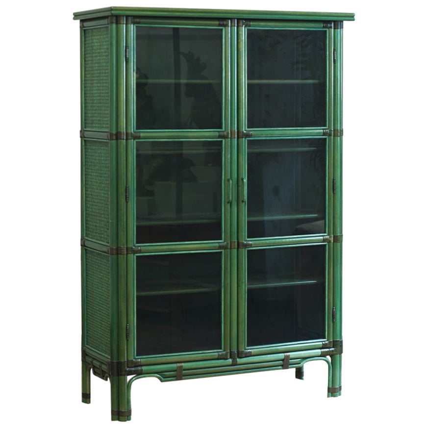 Green lacquered living room display cabinet, 1980s