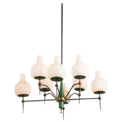 Green Lacquered Metal, Brass and Opaline Glass Chandelier, circa 1950