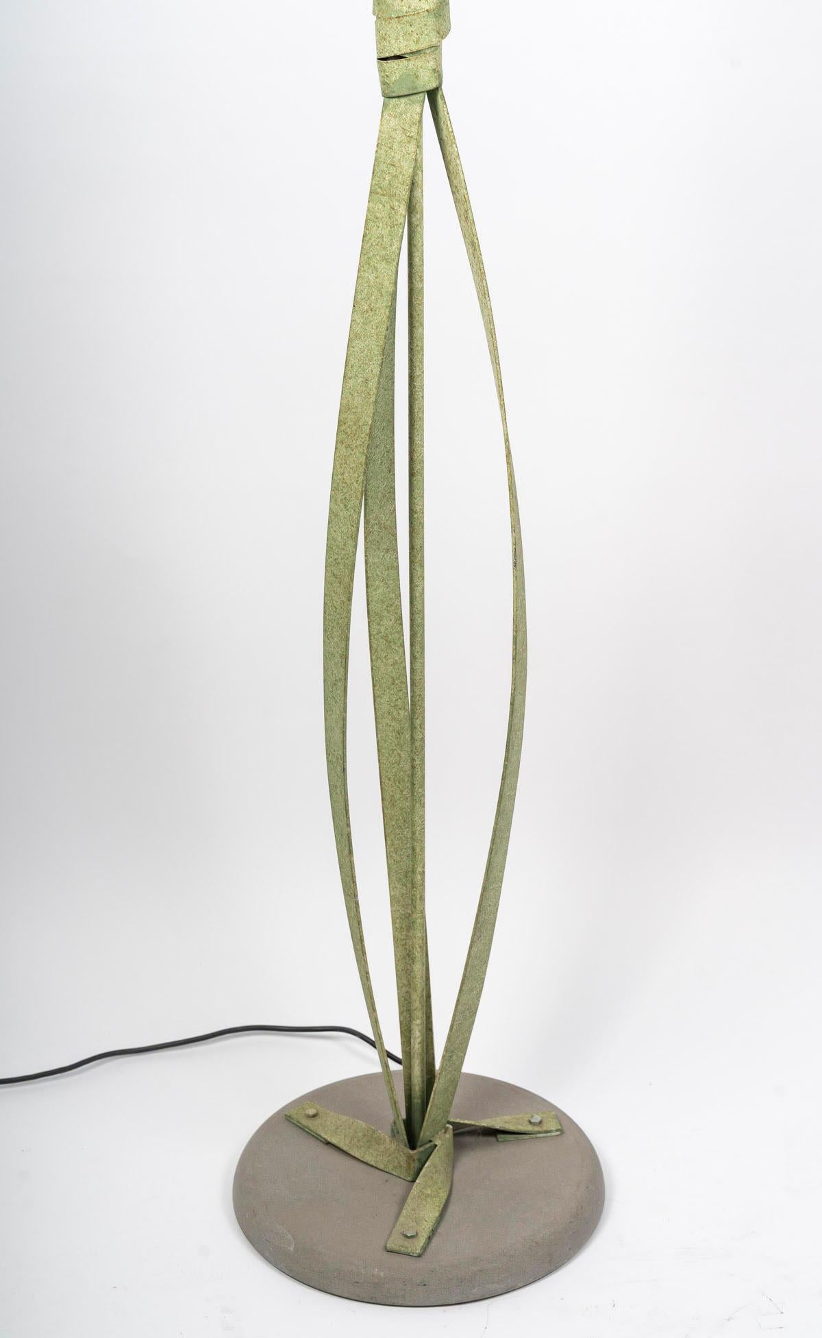 Art Deco Green Lacquered Metal Floor Lamp with Murano Glass Bowl, 20th Century. For Sale